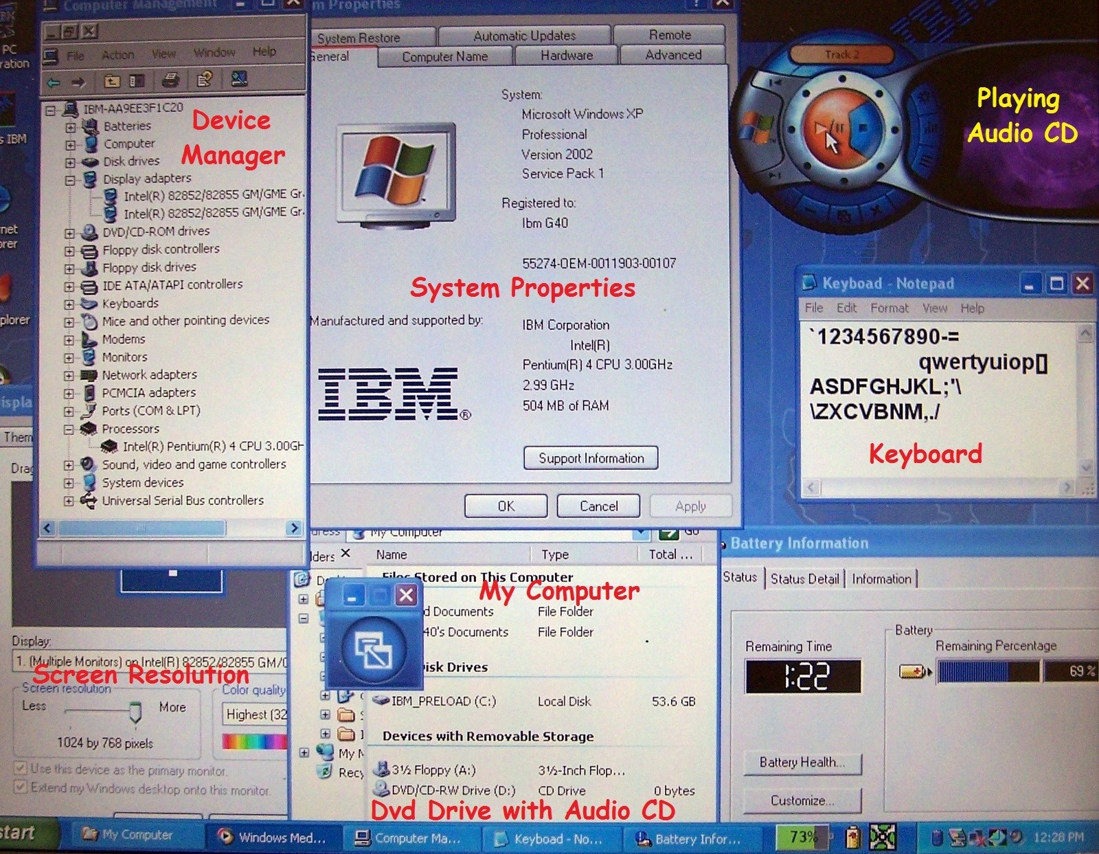 Rare IBM Laptop G-40 Type 2388 Intel-P4 3.0GHz 504MB 60GB Parallel Floppy (x a t