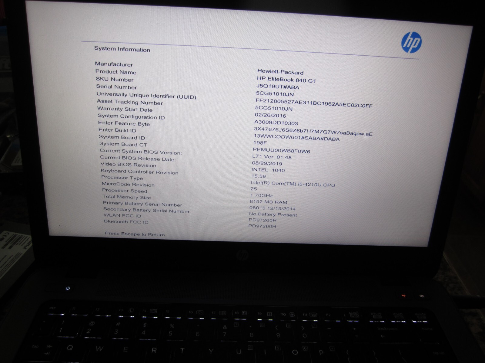 HP EliteBook 840 G1 Laptop Core i5 1.7 GHz 8GB RAM 180GB SSD Win 10 Pro