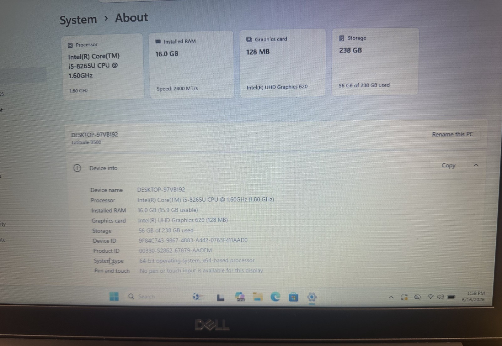 DELL Latitude 3500 i5 8265U -8th Generation 1.60GHz 16GB RAM 256GB NVME