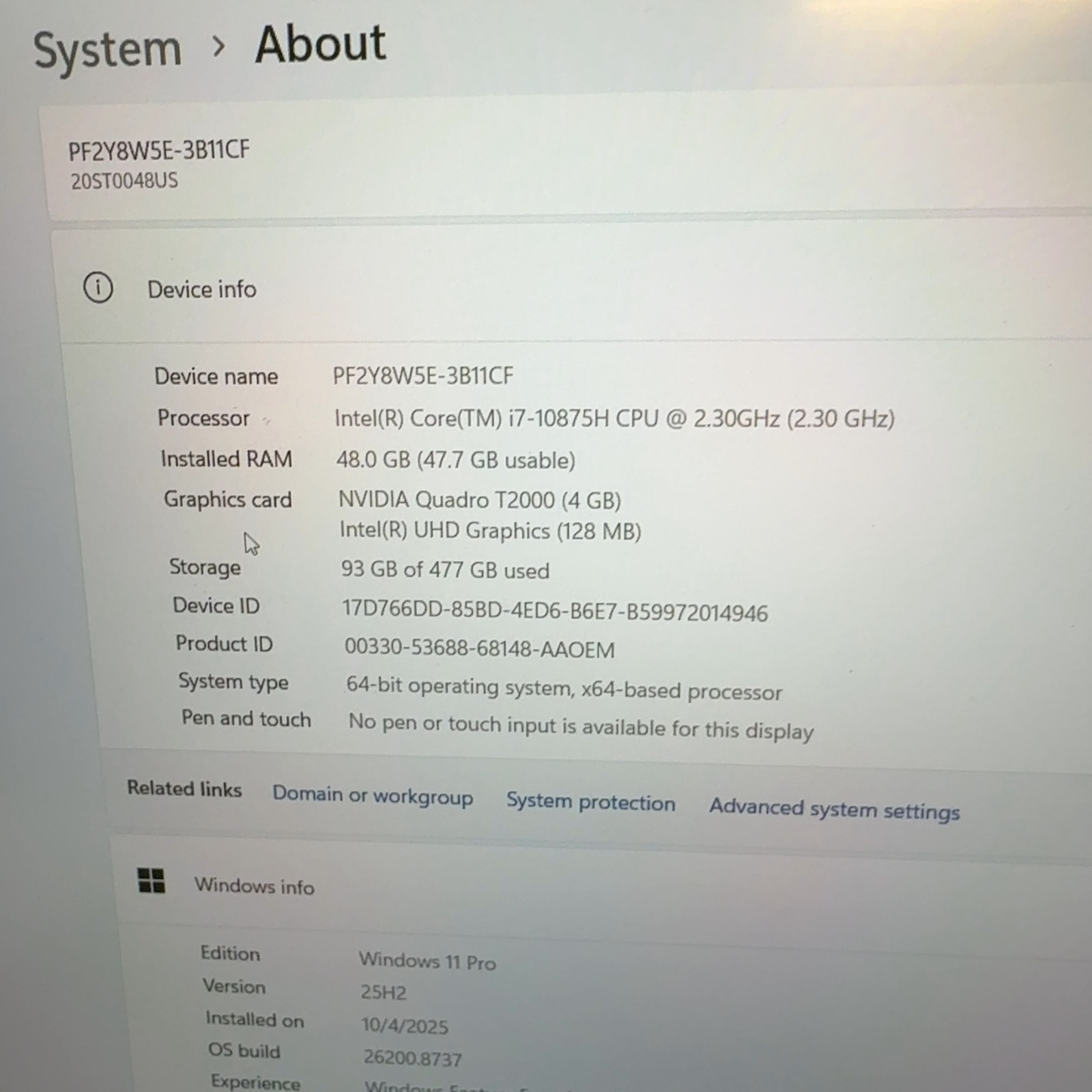 Lenovo ThinkPad P15 Gen 1 i7-10875H 48GB RAM 512GB NVMe SSD Win 11 Pro