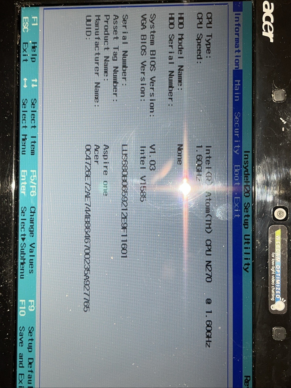 Acer Aspire One, KAV60, Intel Atom N270 1.6GHz, 1GB RAM NO HARD DRIVE