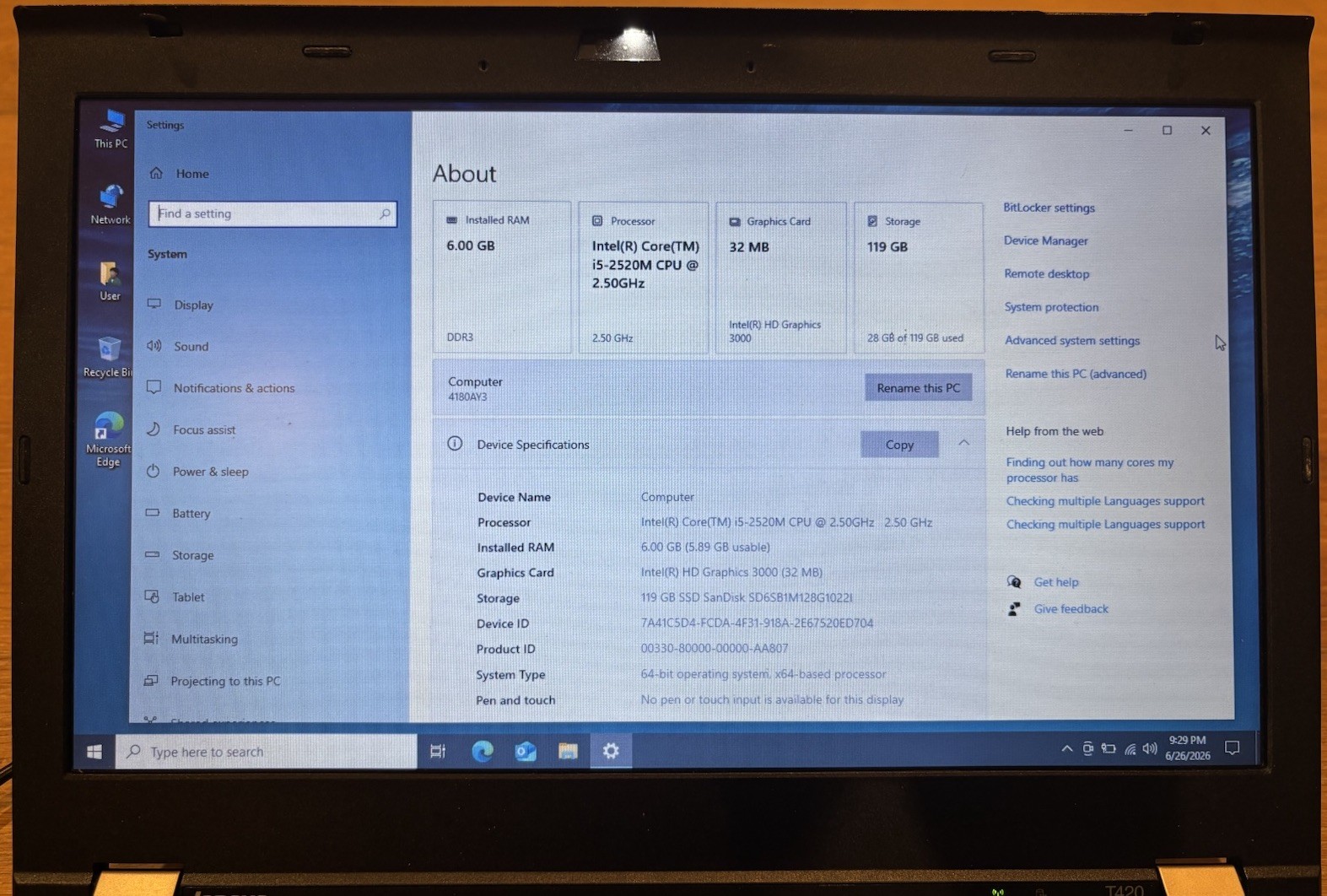 Lenovo Thinkpad T420 i5-2520M 6GB RAM 128GB SSD Windows 10 Pro Office 2010 +Dock