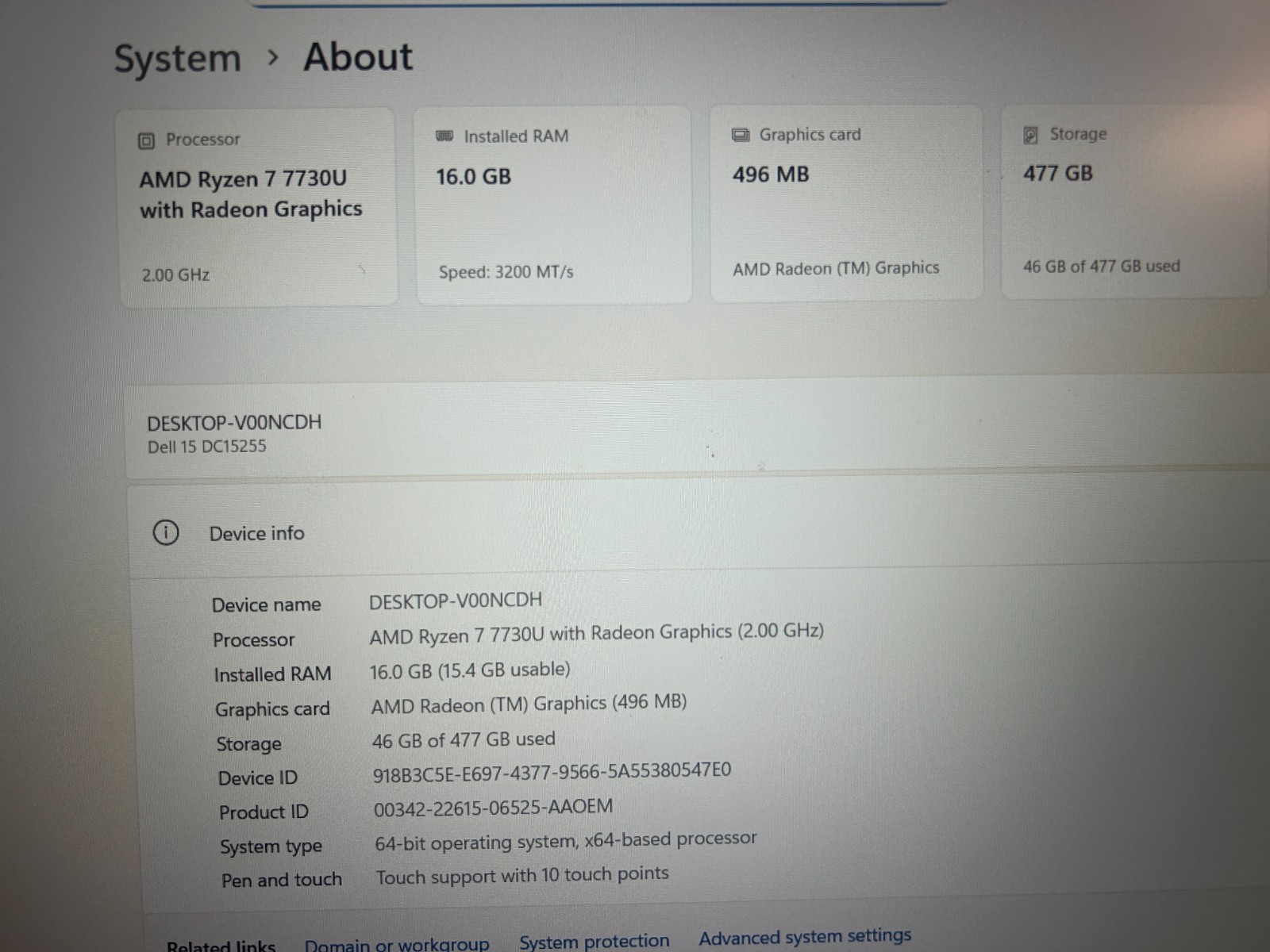 DELL 15 DC15255 G8MK9, AMD Ryzen 7 7730U, 2.00 GHz, 16 GB RAM 512 GB NVMe