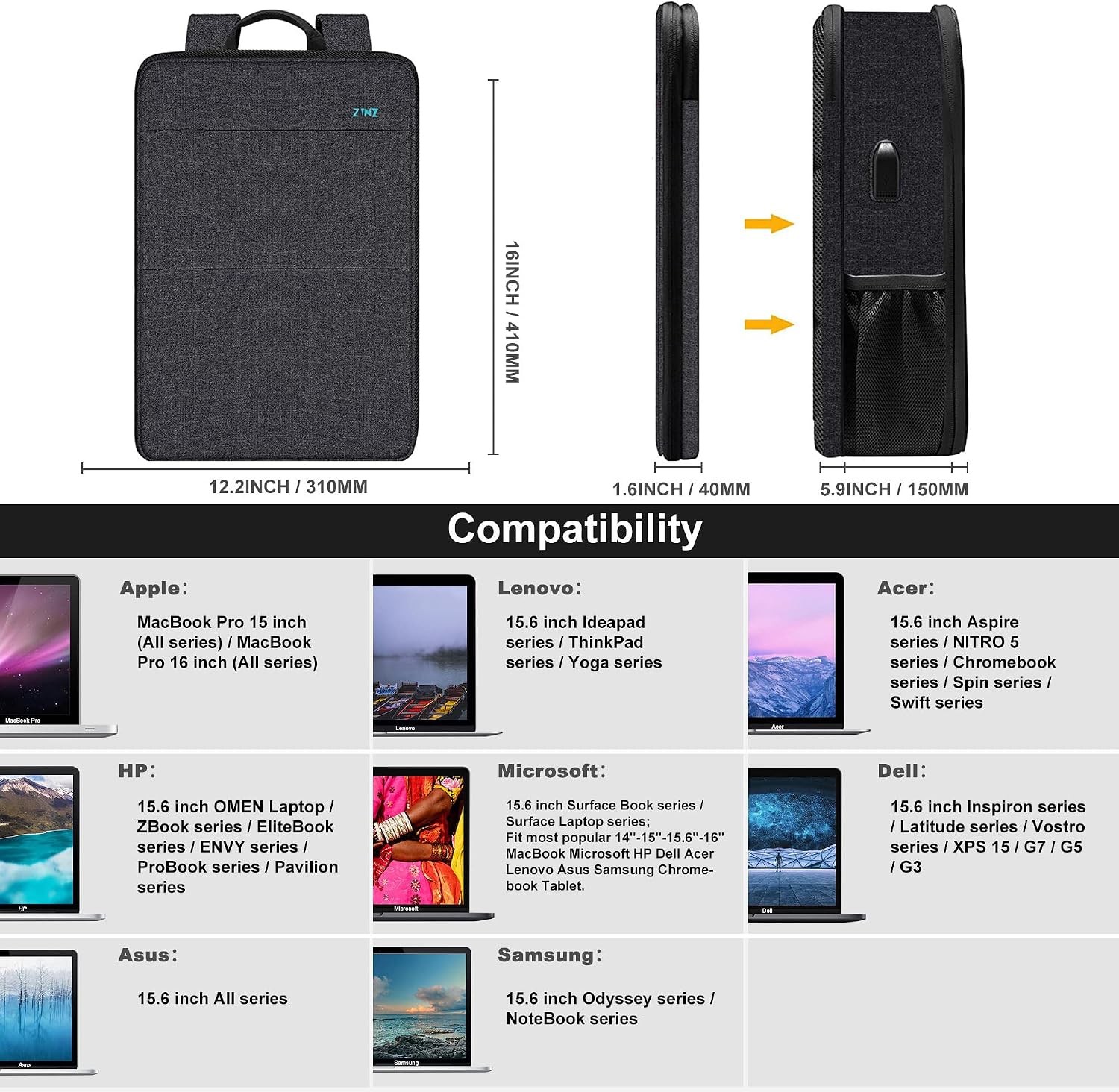 Slim & Expandable Laptop Backpack 15 15.6 16 Inch Sleeve for Most 14-16 Inch Com