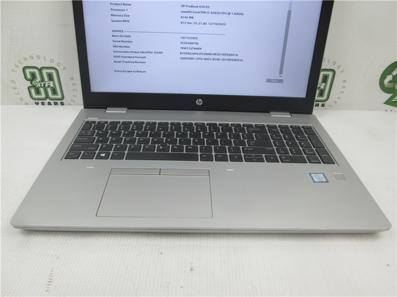 HP ProBook 650 G5 Laptop i5-8365U 1.6GHz 8GB 512GB SSD Windows 10 COA Grade C