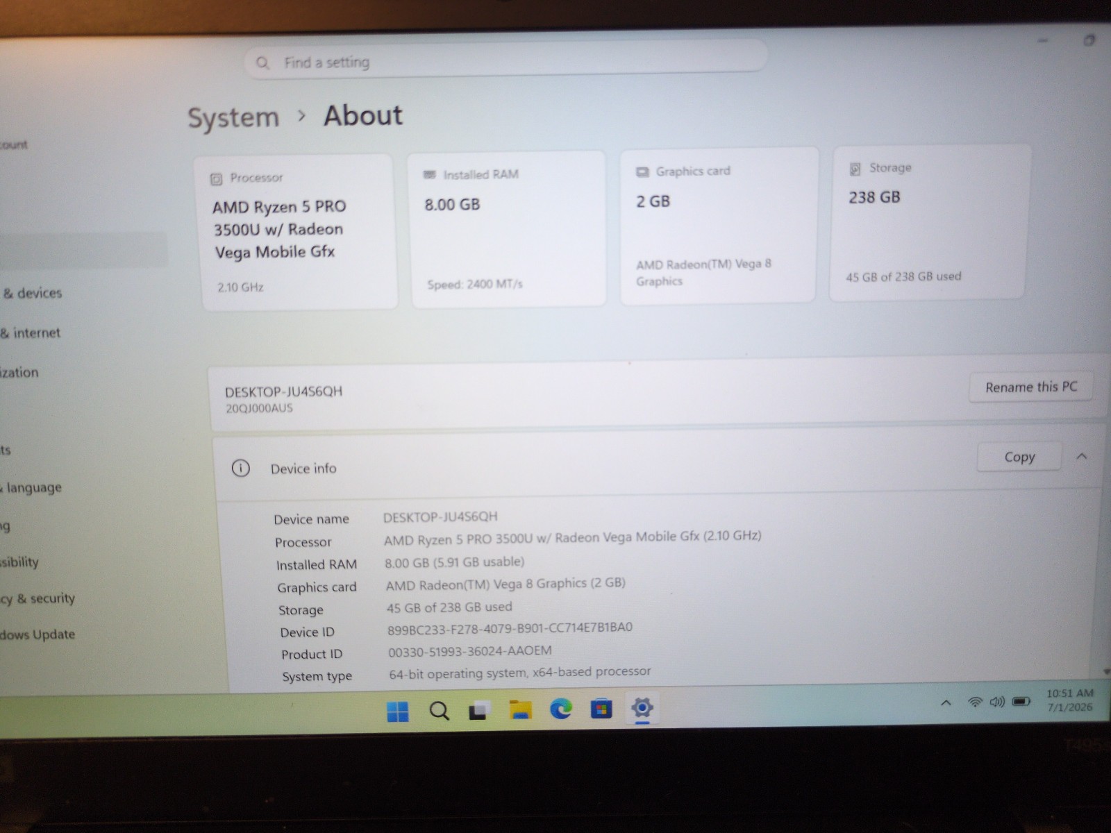 Lenovo ThinkPad T495s | Ryzen 5 3500U | 8GB RAM | 256GB SSD | WIN 11 PRO Laptop