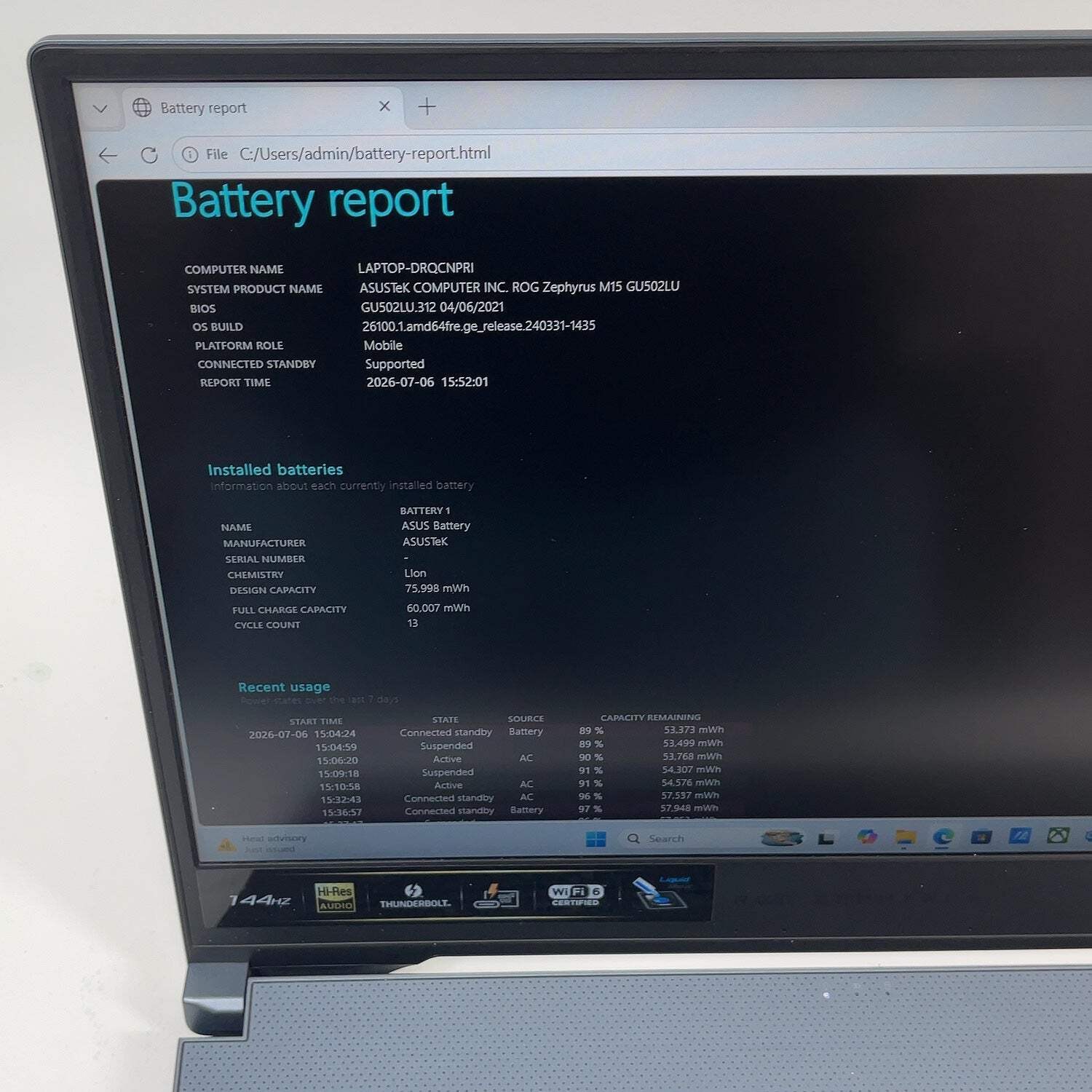 Asus ROG Zephyrus M15 GU502LU 15.6″ i7-10750H 2.6GHz 40GB 512GB SSD GTX 1660 Ti