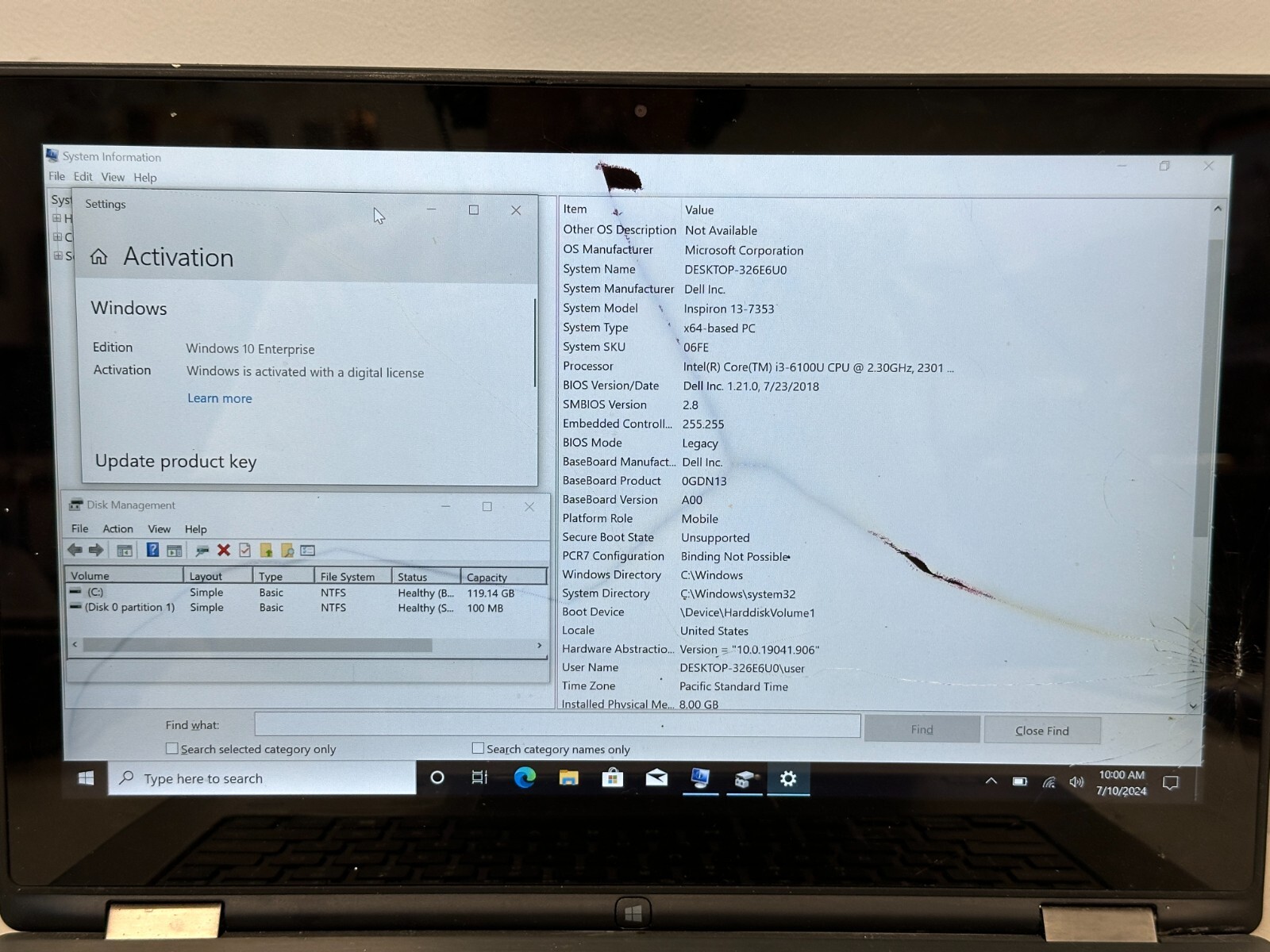 Dell Inspiron 13-7353 i3 6100 8GB RAM 128GB SSD BROKEN SCREEN NO AC #04