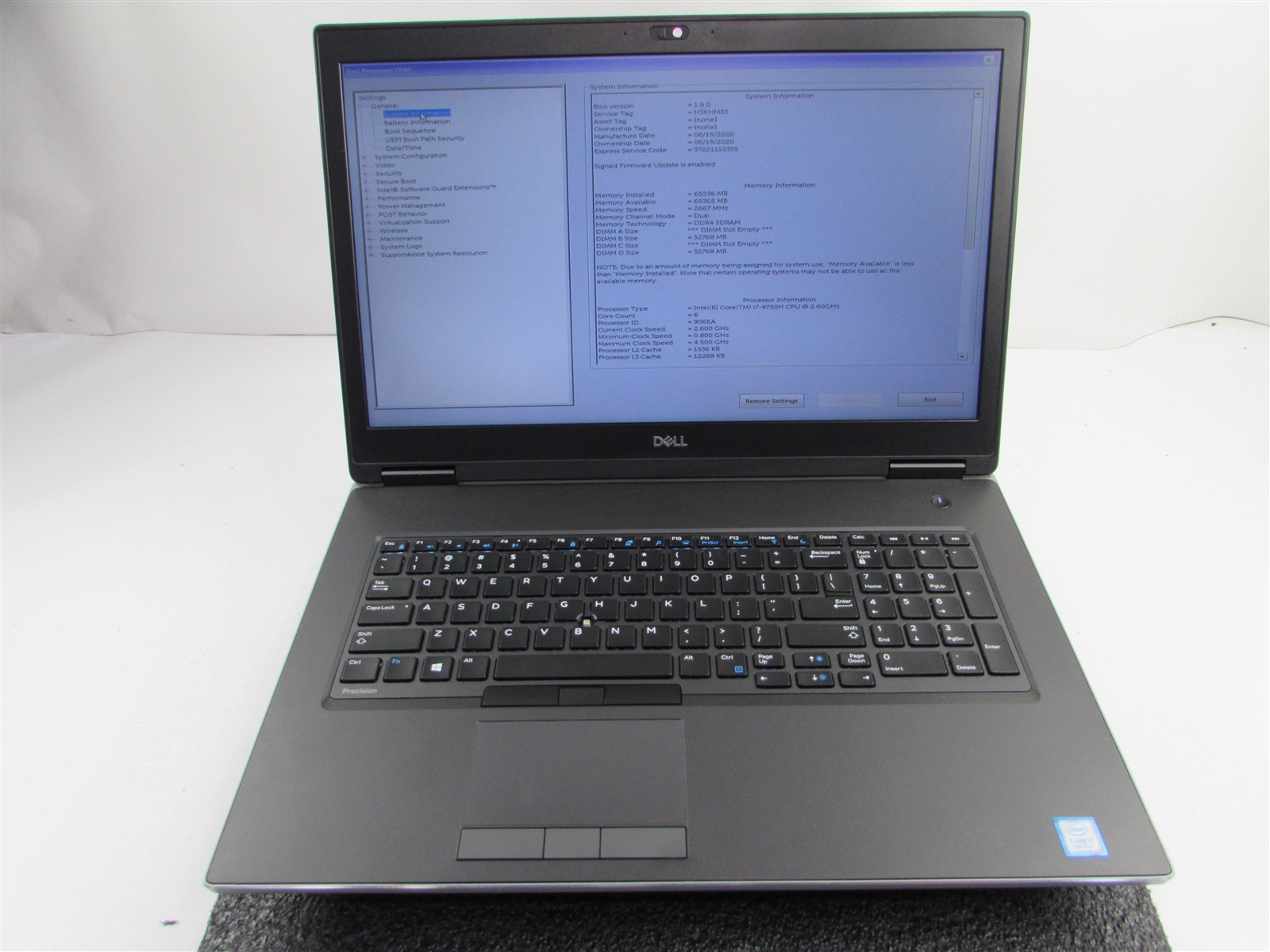 DELL PRECISION 7740 17.3″ I7-9750H NO SSD 64GB RAM NVIDIA RTX 4000 NO O.S