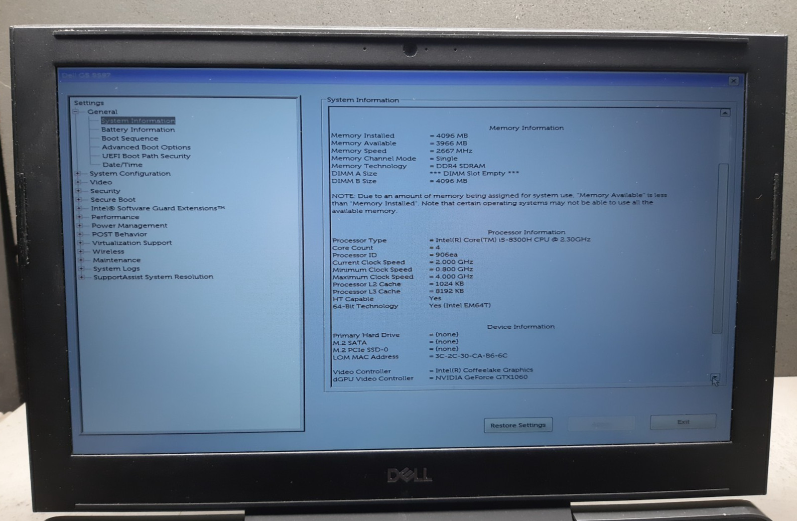 Dell G5 5587 i5-8300H 15.6″ 4GB RAM No SSD No OS