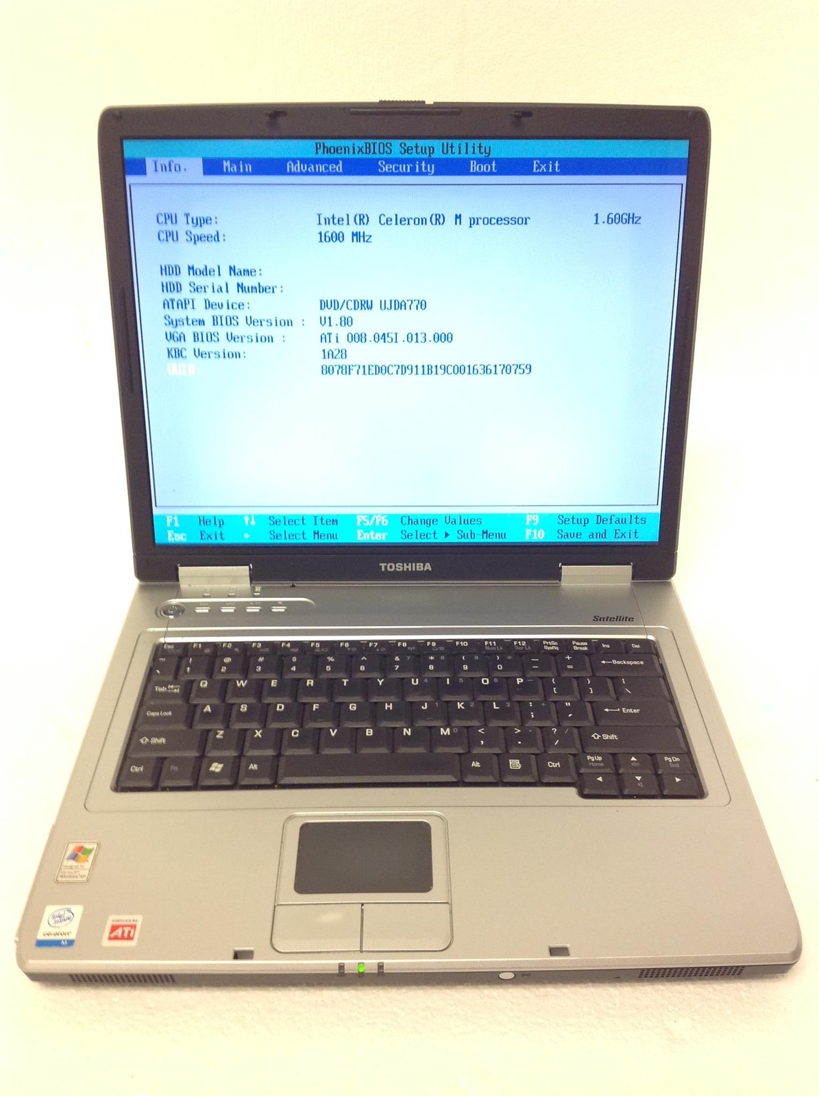 Toshiba Satellite L25-S121 15″ Laptop Intel Celeron M 1.60Ghz w/640KB Ram, No HD