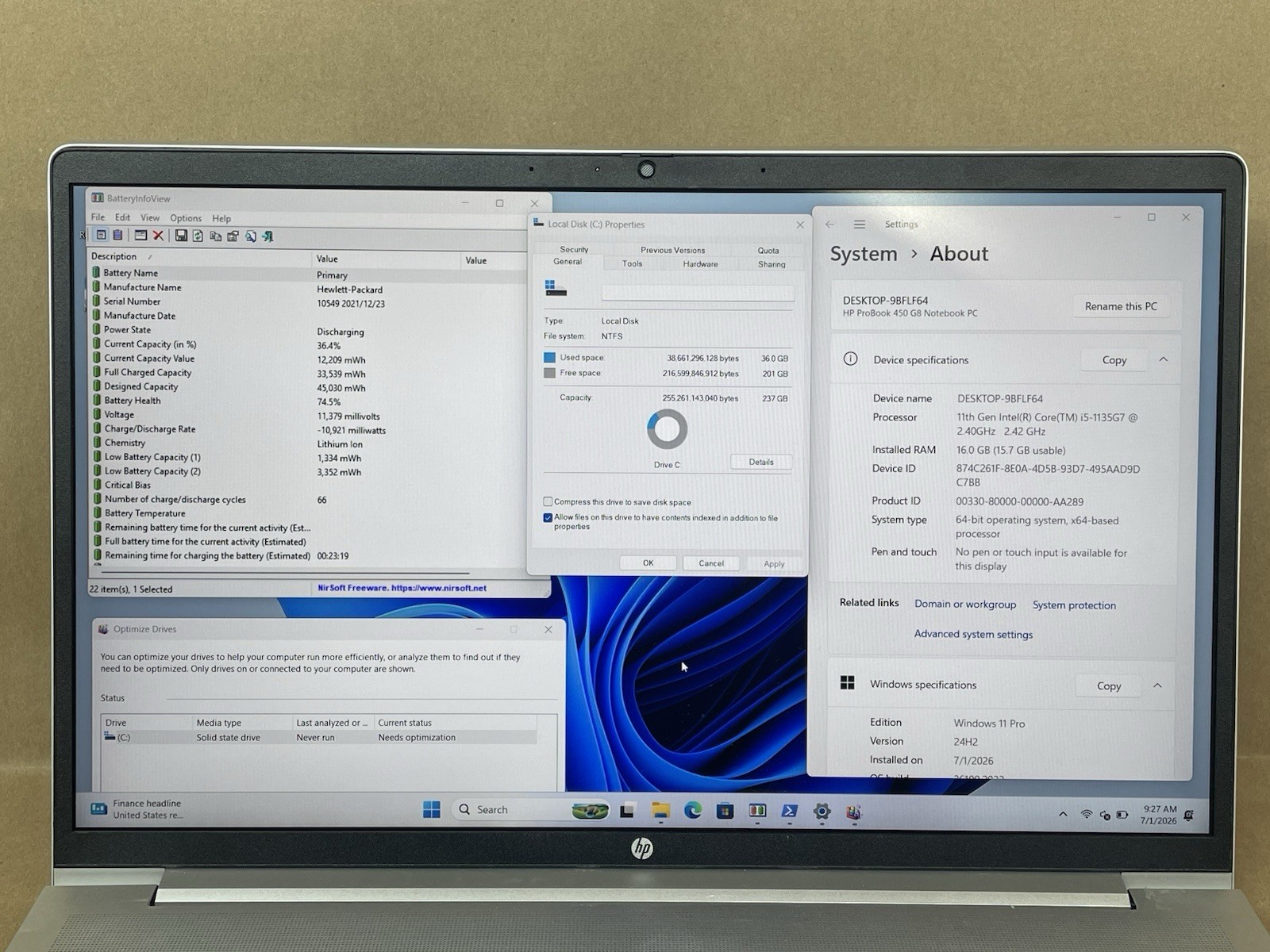 HP ProBook 450 G8 15.6″ i5-1135G7@2.40GHz 16GB RAM 256GB SSD Win11 Pro *READ*