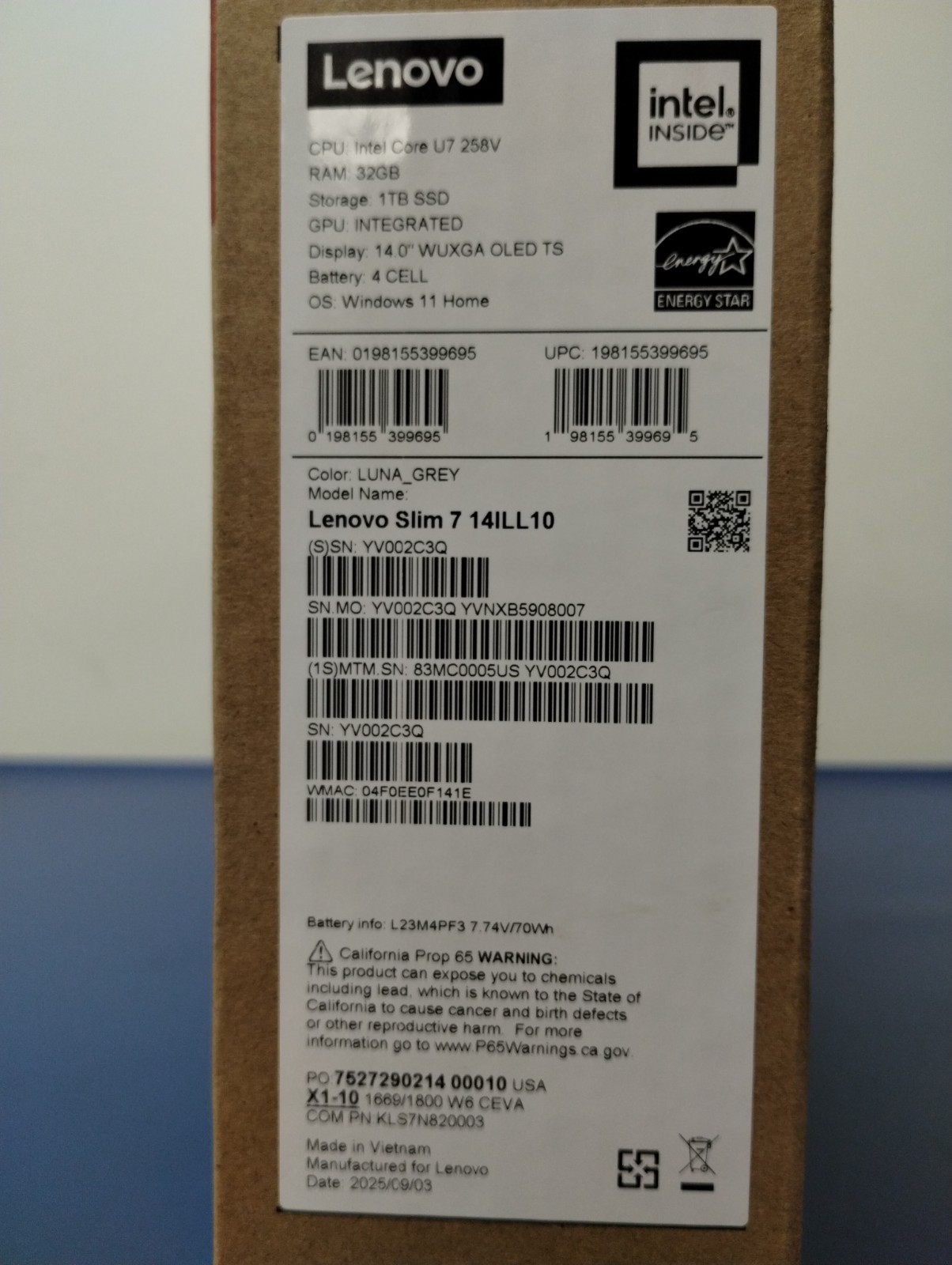 Lenovo Slim 7 14ILL10, Intel Core Ultra 7, 2.20 GHz, 32 GB RAM, 1 TB NVMe SSD