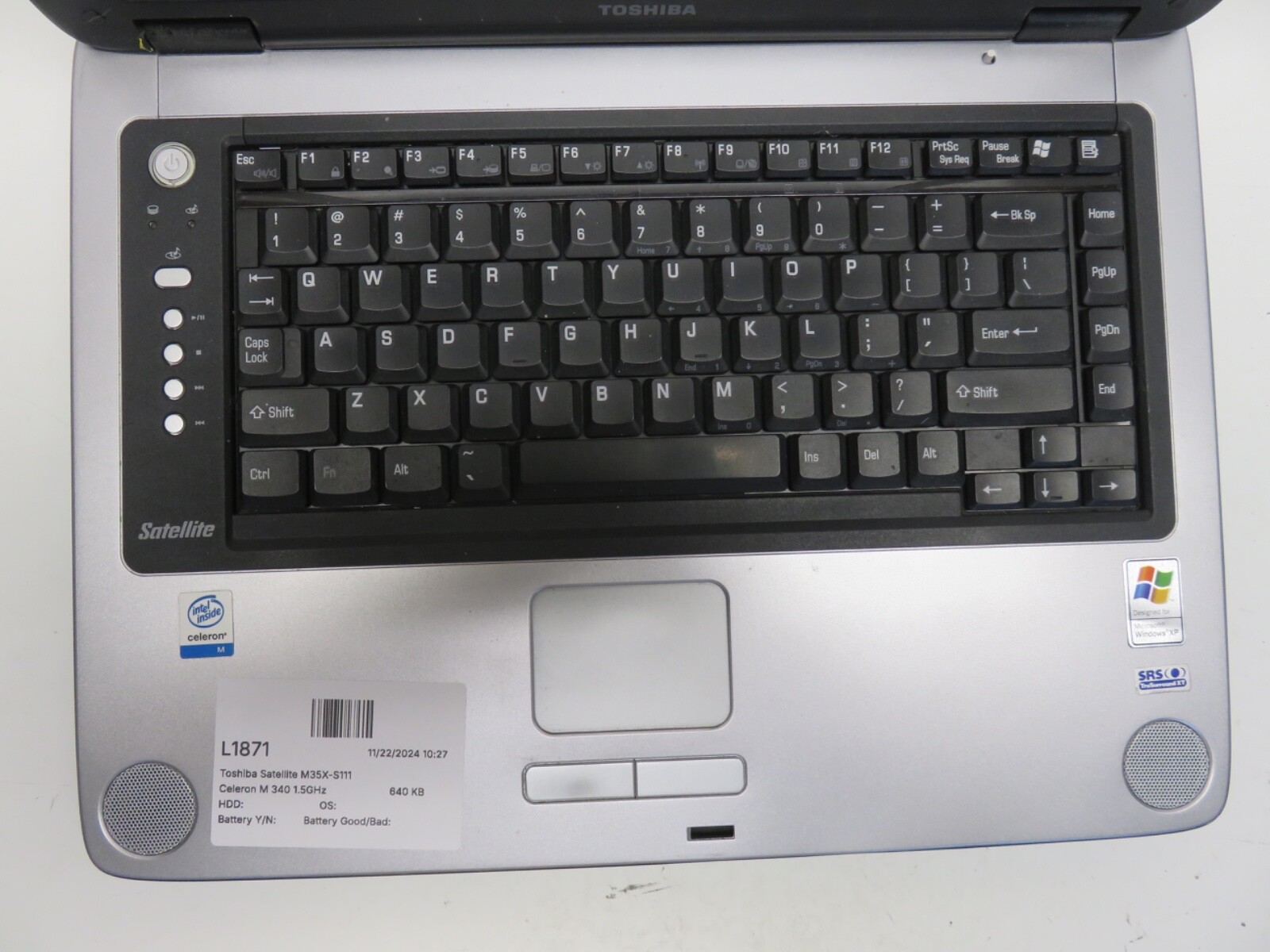 Toshiba Satellite M35X-S111 Laptop Celeron M 340 1.5GHz NO HDD No Batt
