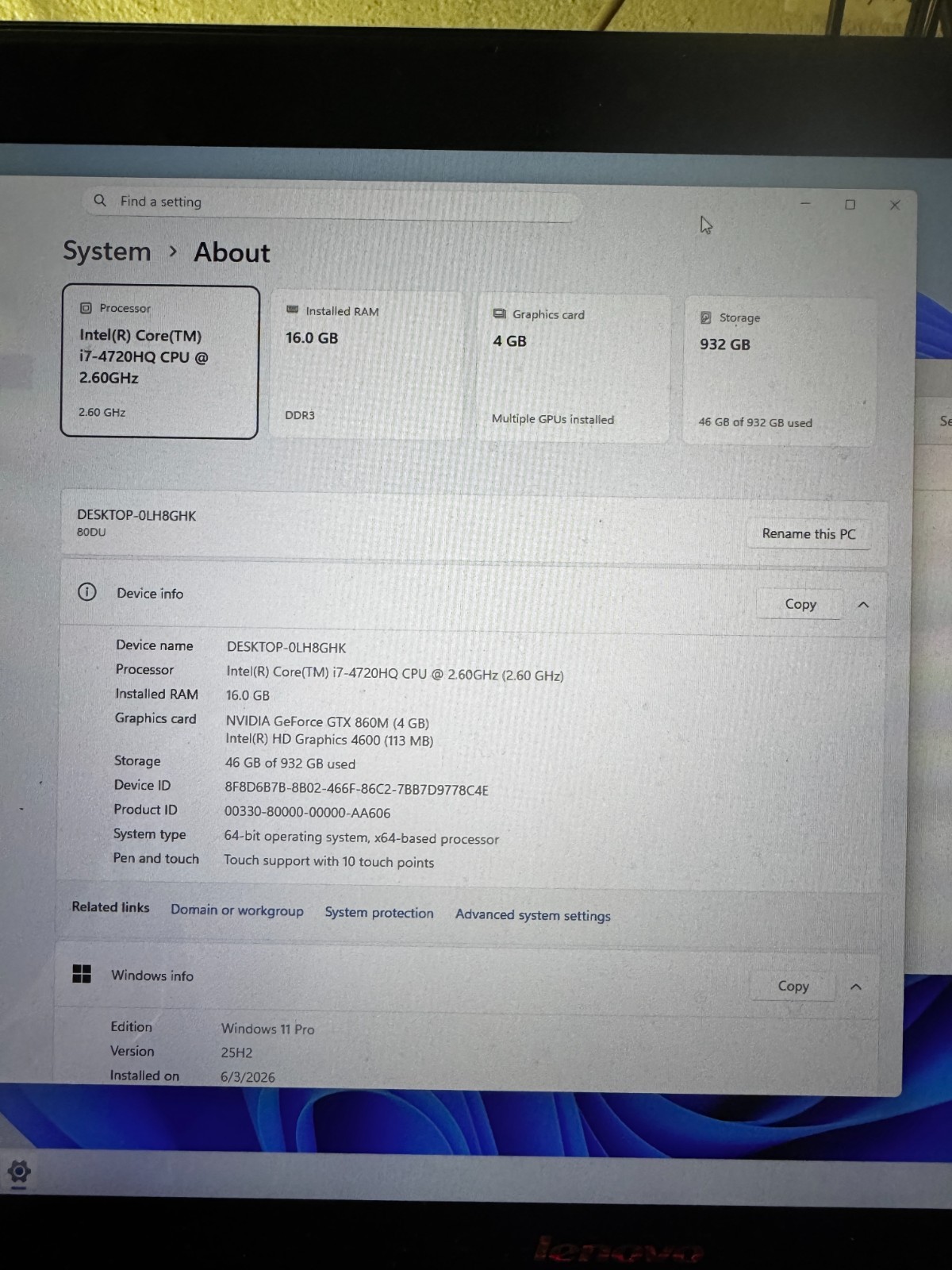 Lenovo Y70-70 Touch – Intel i7-4720HQ, 16GB RAM, 1TB HDD, GTX 860M, Win11 #6052