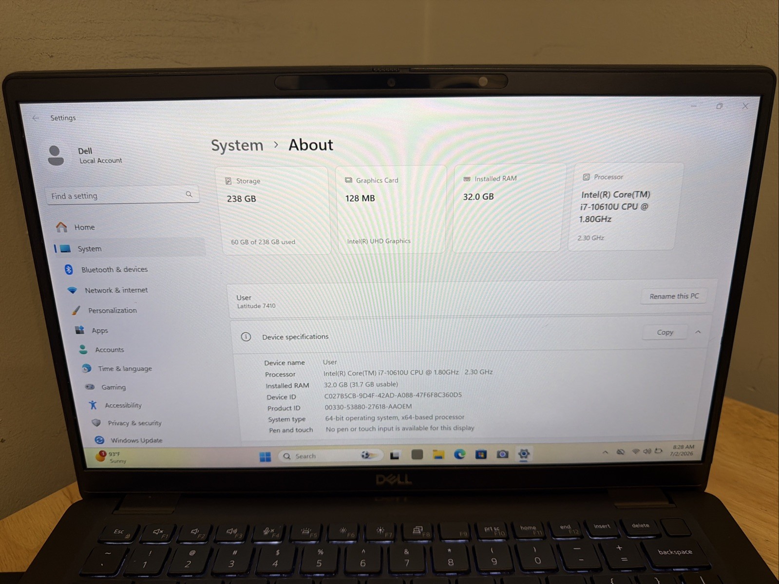 Dell Latitude 7410 CORE I7-10610U 1.80GHZ 32GB 256GB SSD, W11 & CORD