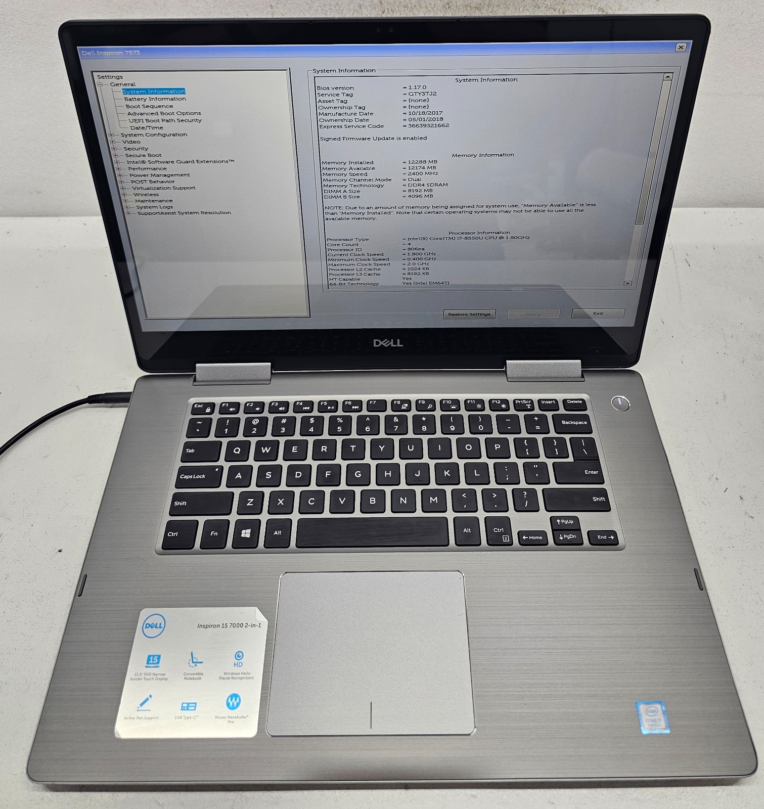 Dell Inspiron 15 7573 2-in-1 Laptop Intel Core i7-8550U 12GB Ram NO HD/OS (FL)