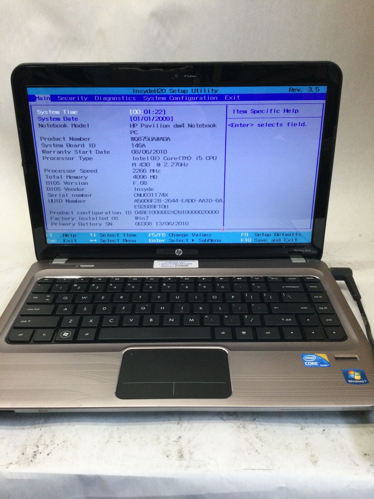 HP PAVILION DM4 NOTEBOOK – INTEL I5 M430 – 4GB RAM – BOOTS TO BIOS -READ DESC-BB