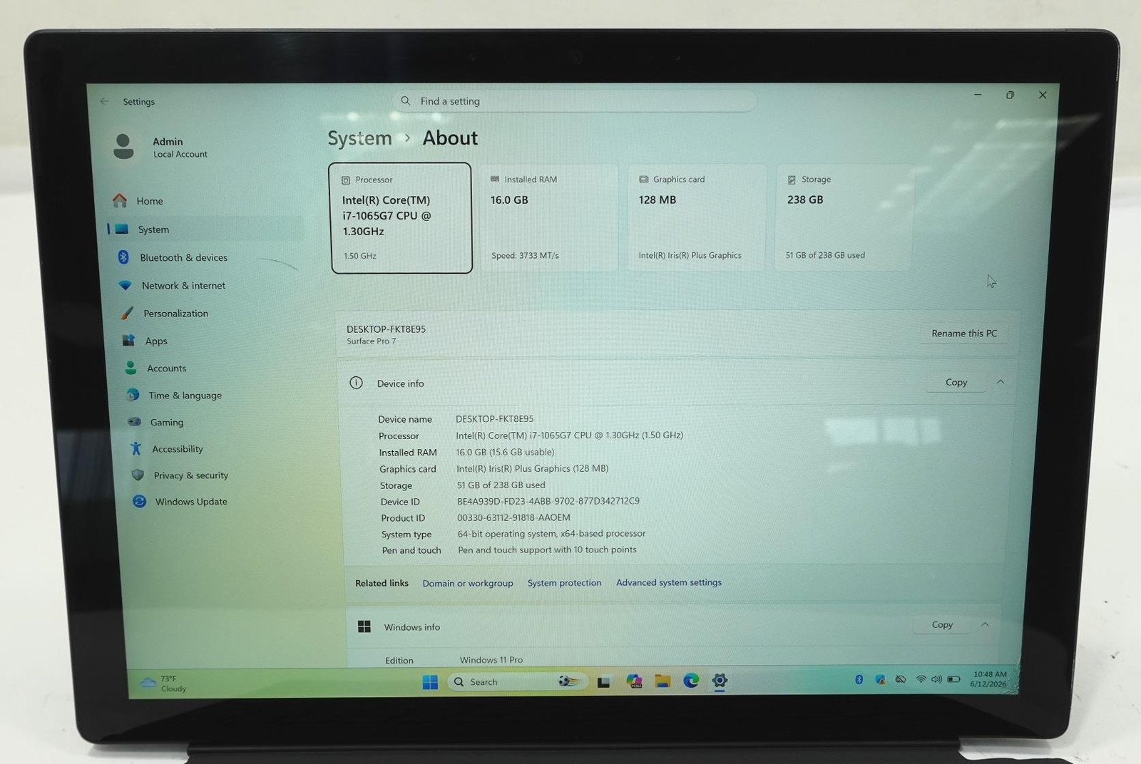 Microsoft Surface Pro7 1866 12.3″ Core i7-1065G7 1.3GHz 16GB 256GB SSD