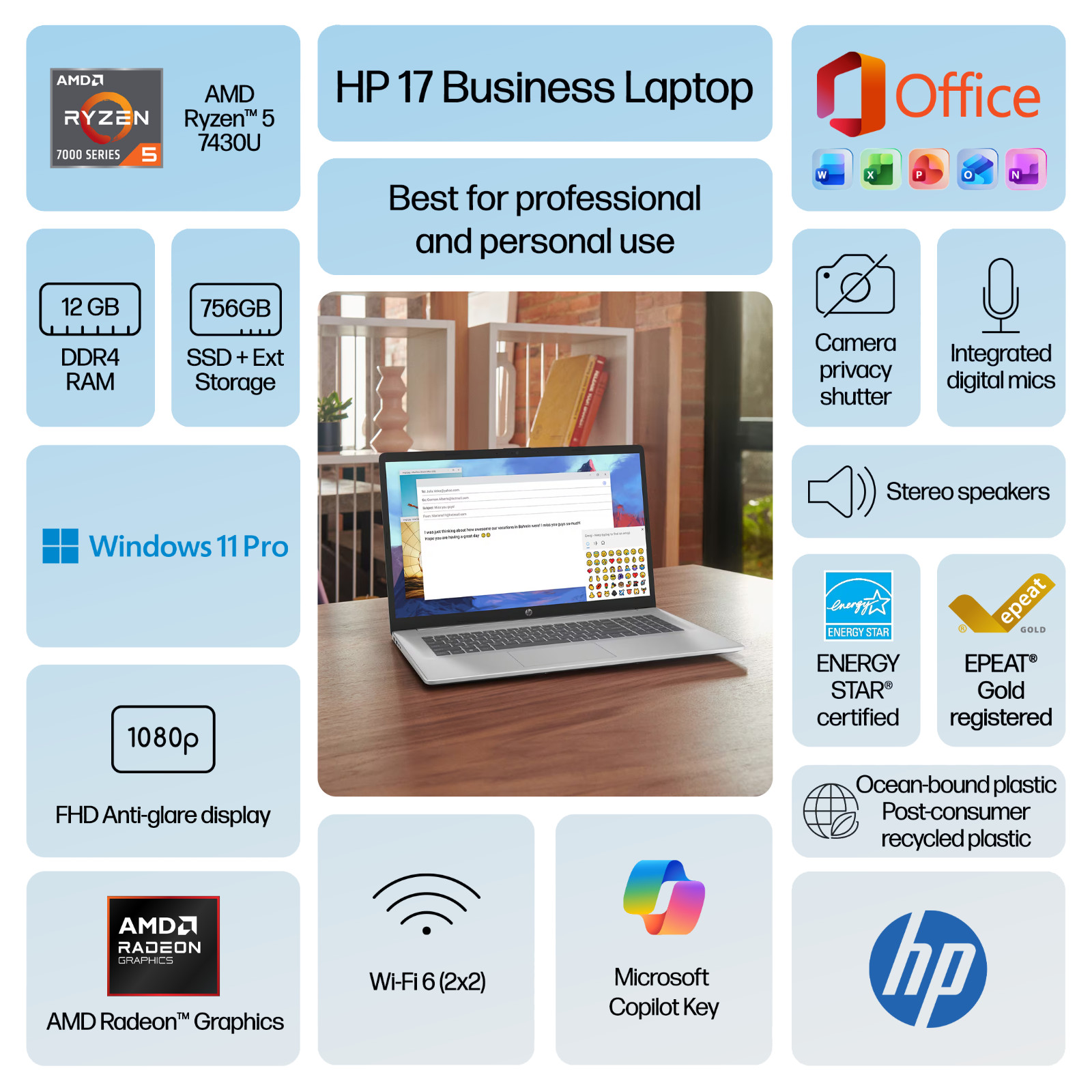 HP 17.3″ Laptop AMD Ryzen 5, 12GB RAM 756GB Storage, Win 11 Pro Office, Open Box