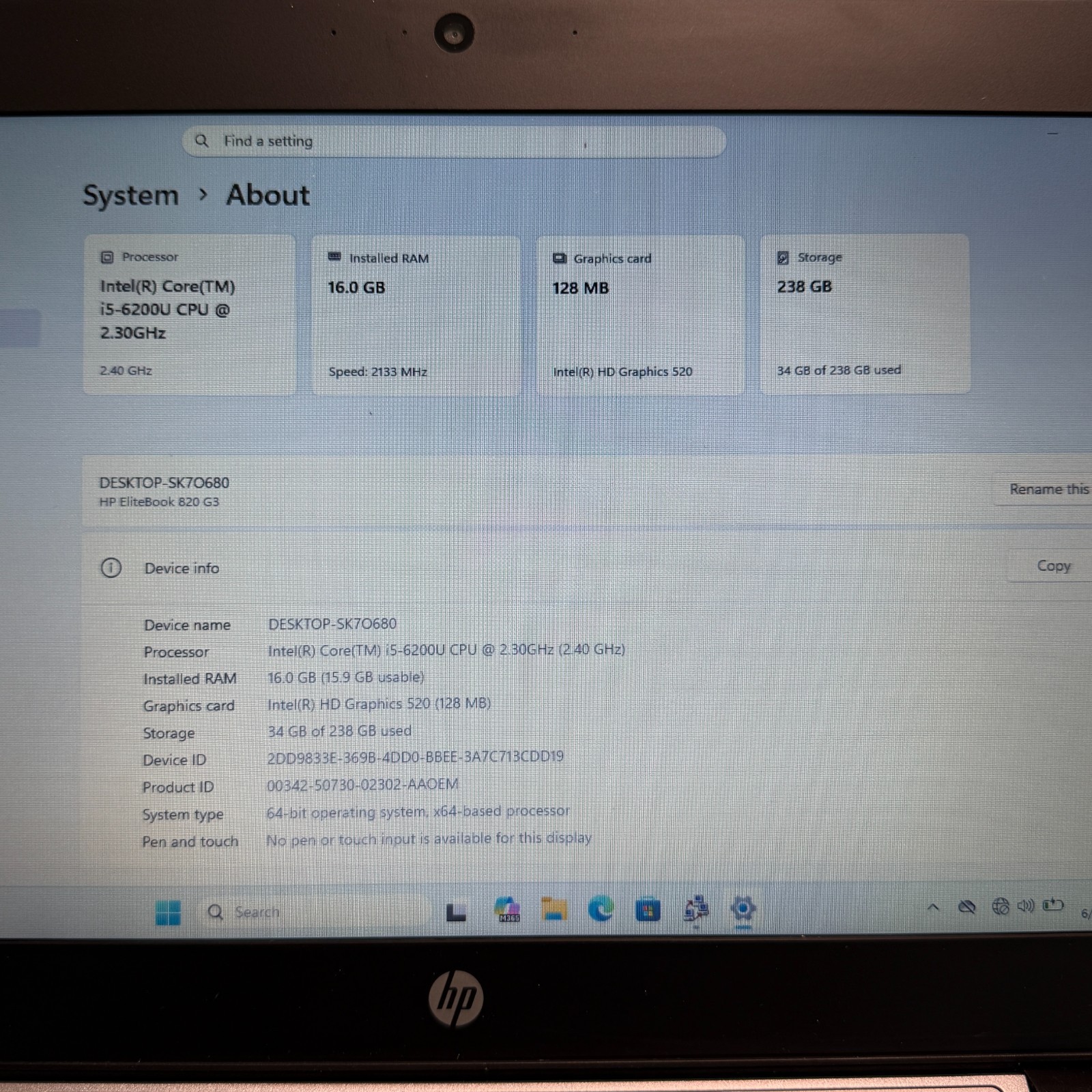 HP EliteBook 820 G3 12.5″ i5-6200U 2.3GHz 16GB RAM 256GB SSD Win 11 Pro Good