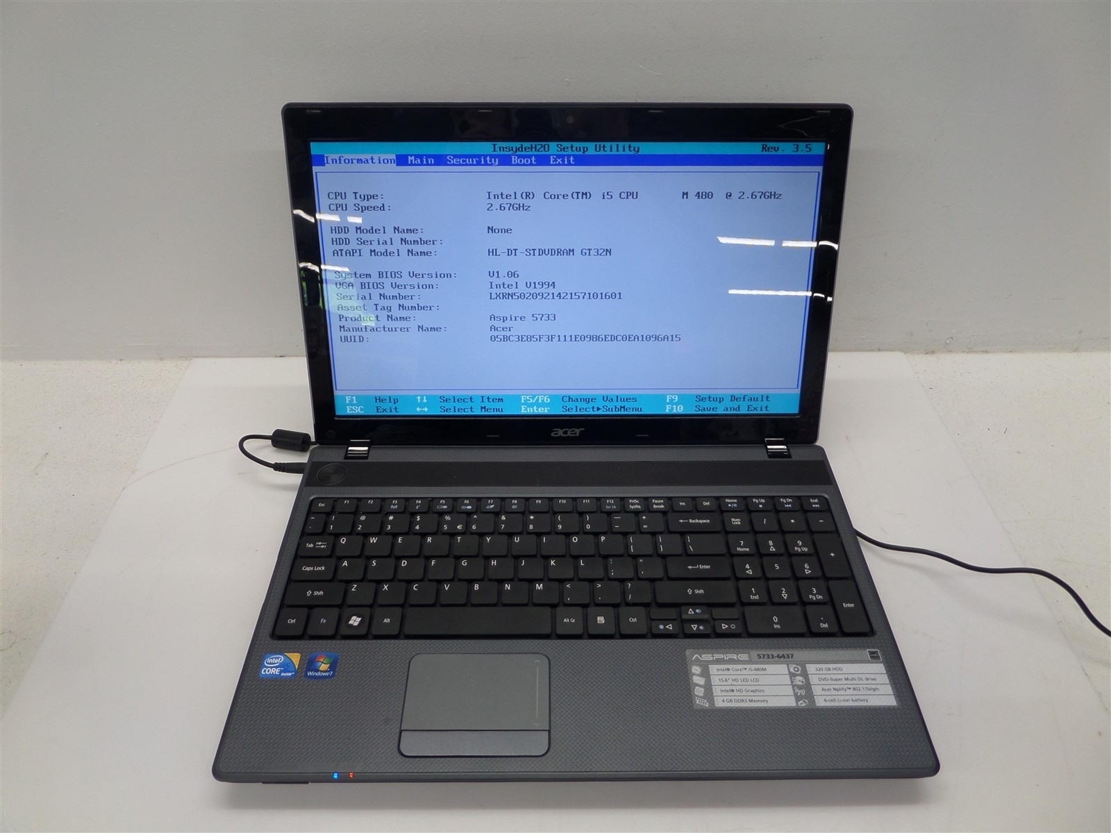 Acer Aspire 5733 PEW71 15.6″ i5-480M 2.67GHz CPU 4GB RAM – No HDD, Bad Batt.