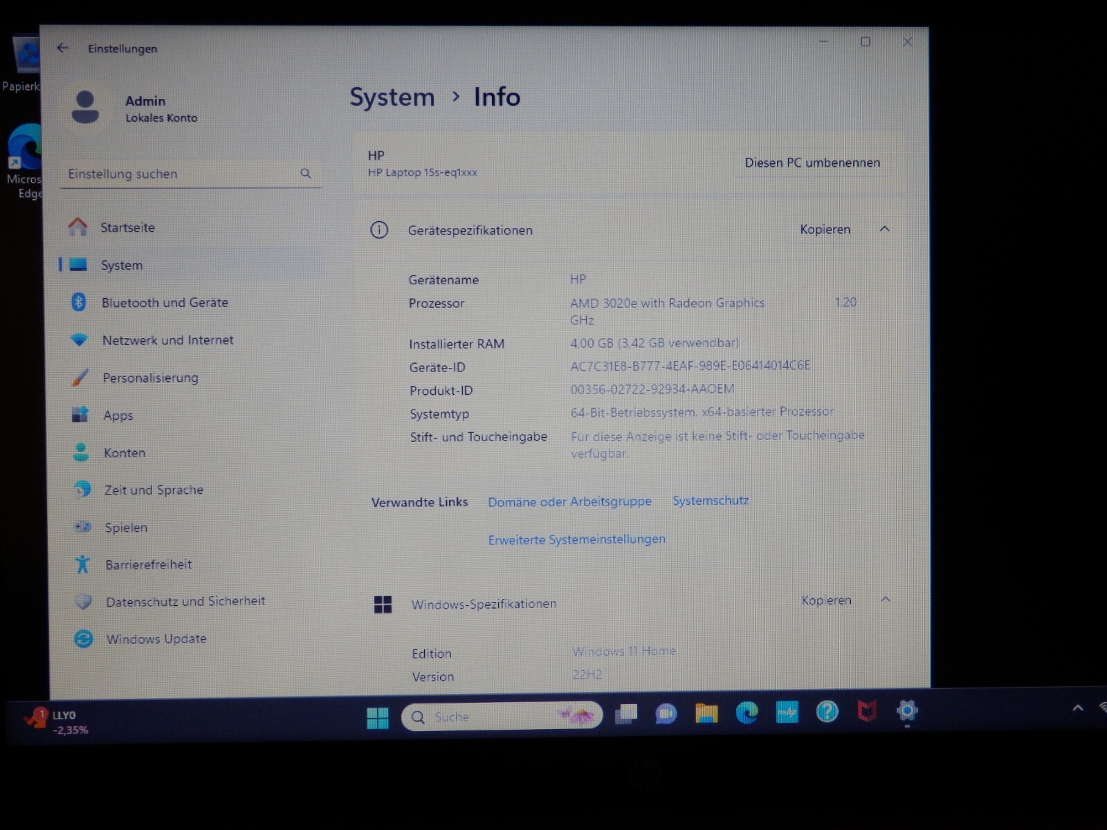 HP Laptop 15s-eq1040ns – AMD 3020e, 4GB Ram, 128GB SSD, 15.6″ inch HD, original box