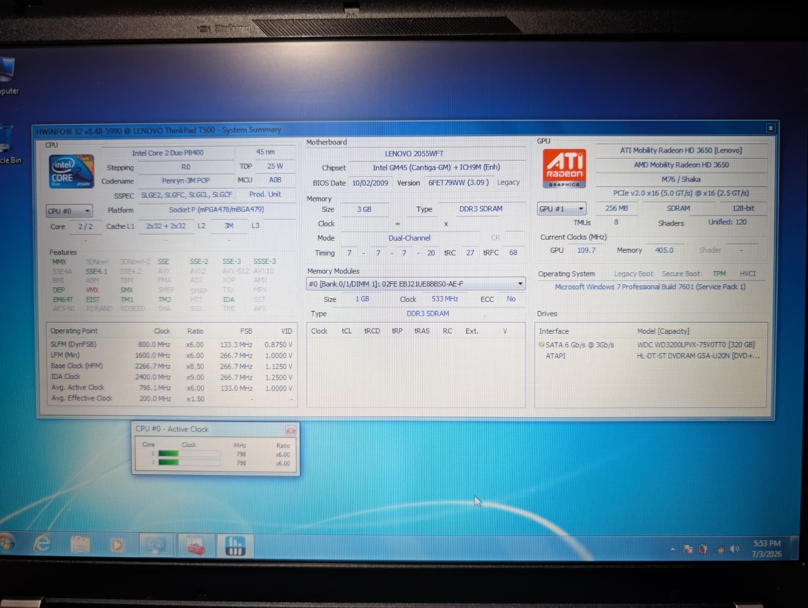 Lenovo ThinkPad T500 | C2D P8400 3GB RAM 320GB HDD | DVD AMD Win 7 Pro 32-Bit