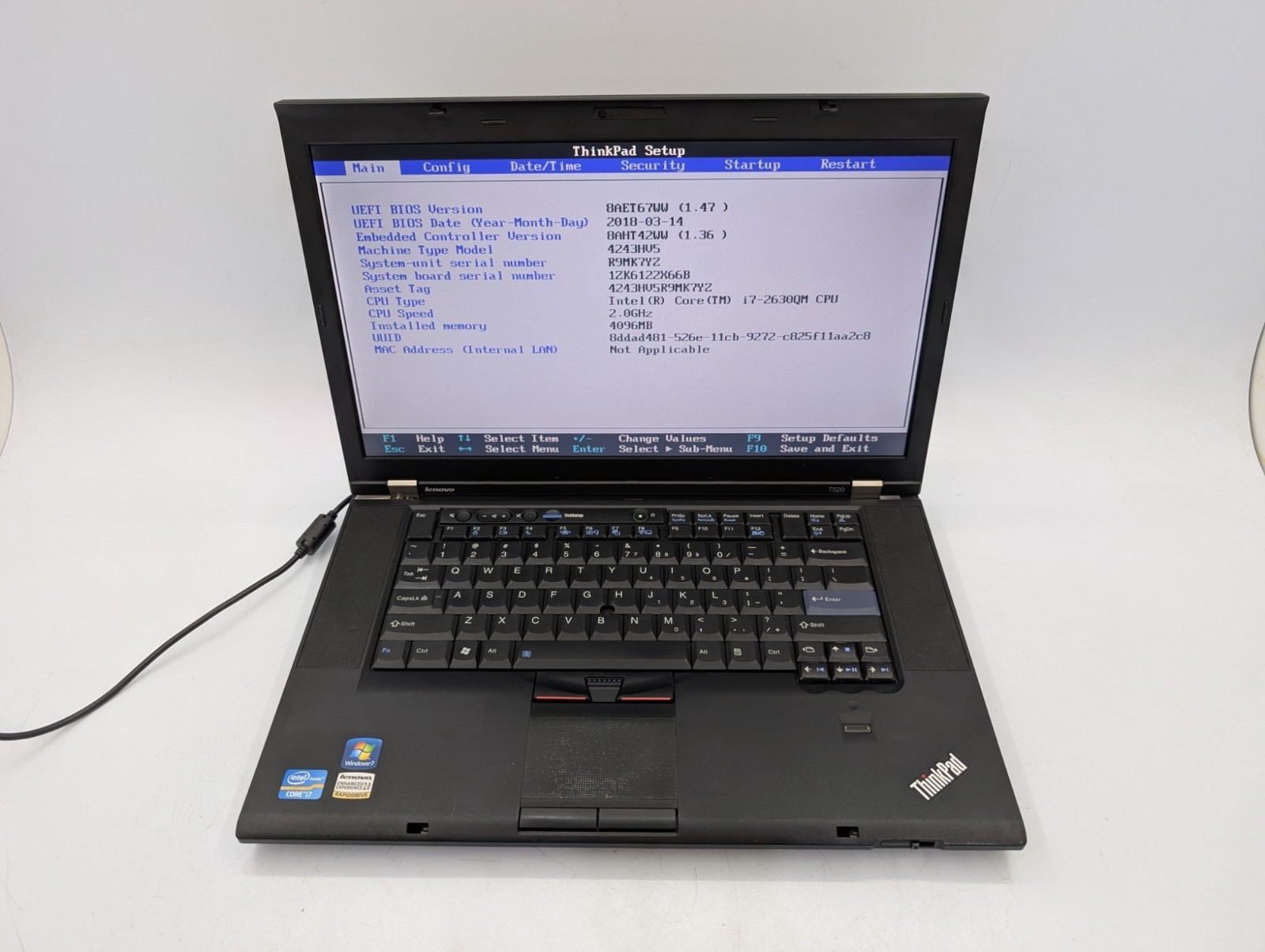 Lenovo ThinkPad T520 15.6″ Laptop i7-2630QM 4GB RAM Boots to BIOS For Parts