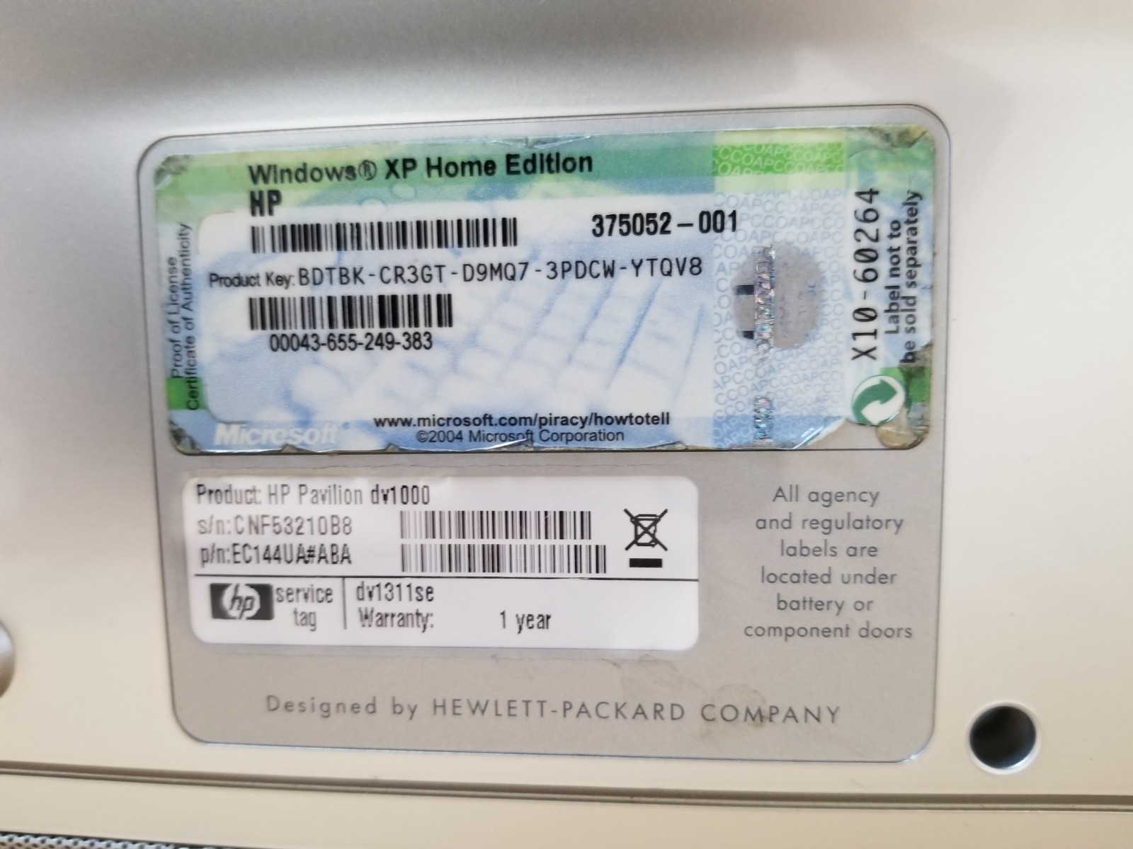 HP Pavilion Special Edition – Ent. Notebook PC DV1000 – 512MB, 80GB HDD – Parts