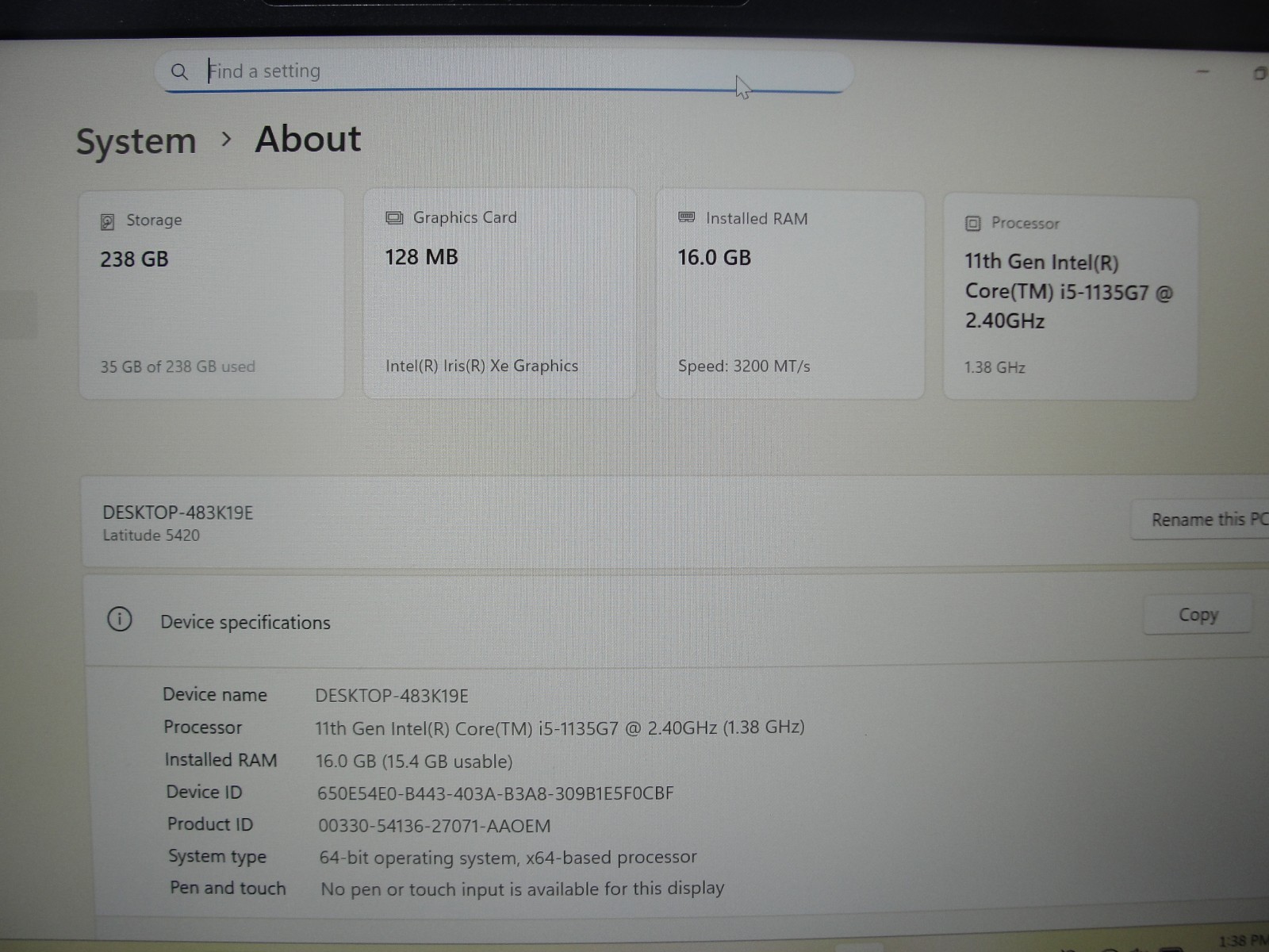 Dell Latitude 5420 14″ FHD i5-1135G7 2.4GHz 16GB RAM 256GB SSD Warranty 01/02/26