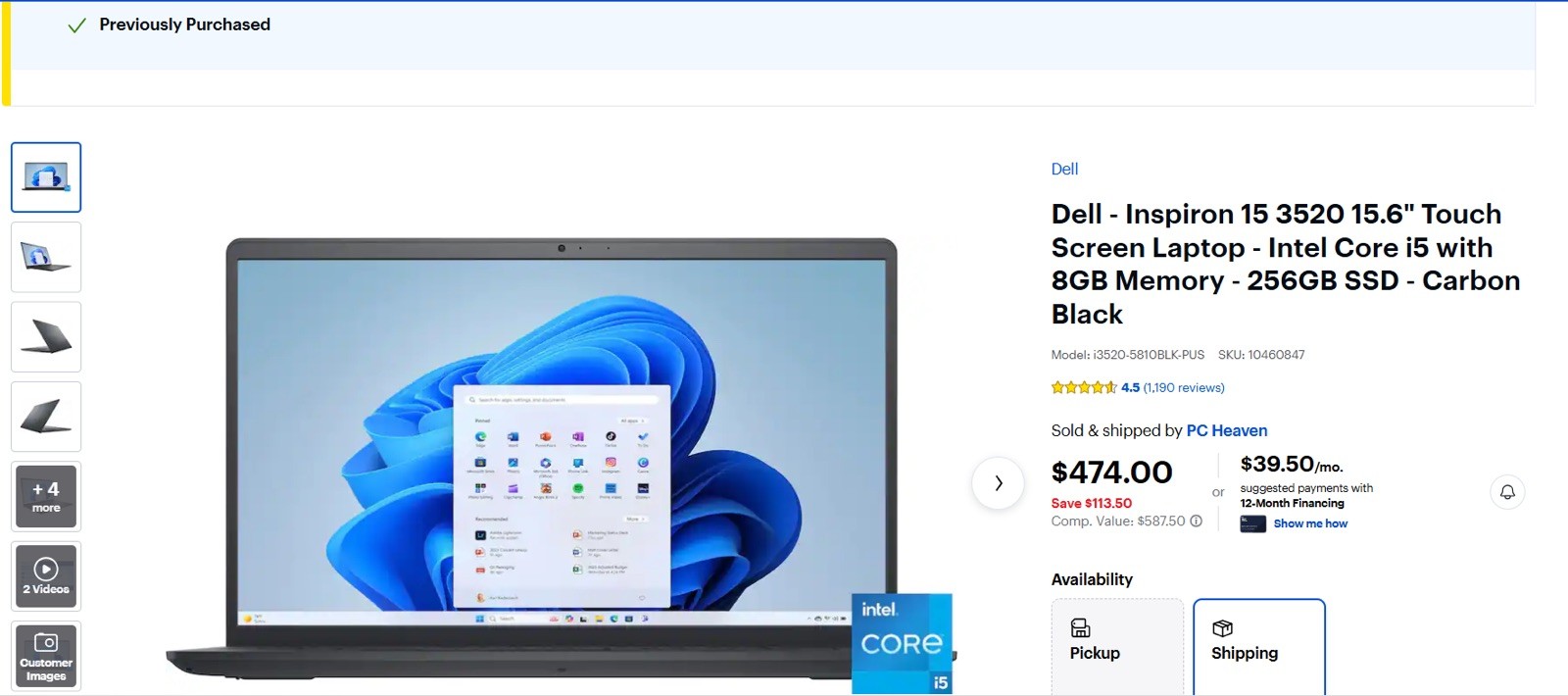 Dell Inspiron 15 3520 15.6″ Touch Screen Laptop – Intel Core i5 with 8GB Memory