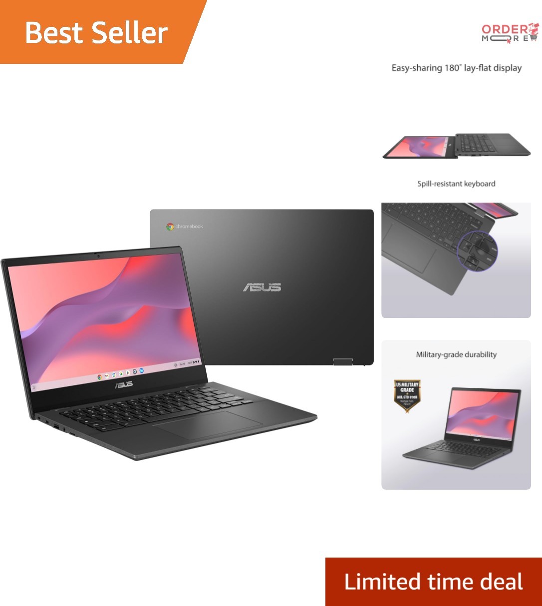 Chromebook Laptop 14 In HD Anti-Glare Display 4GB RAM 64GB eMMC Gray