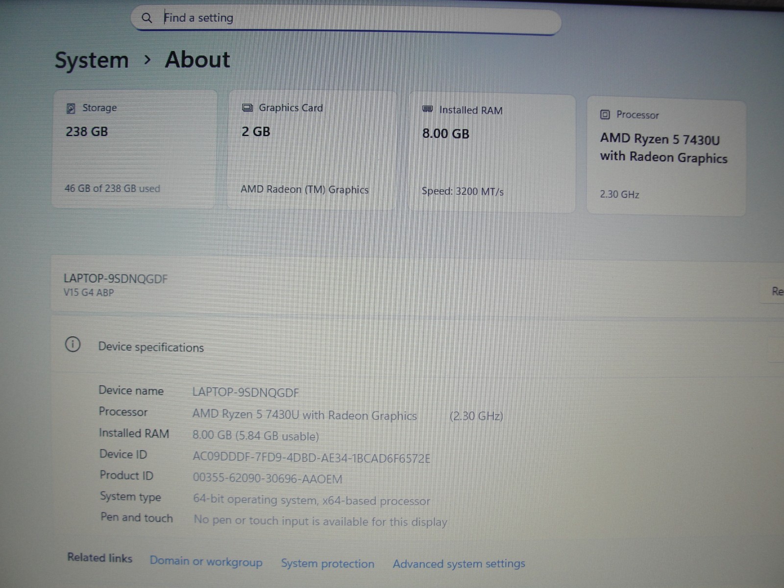 Lenovo V15 G4 ABP 15.6″FHD AMD Ryzen 5 7430U 2.3GHz 8GB RAM 256GB SSD + PA