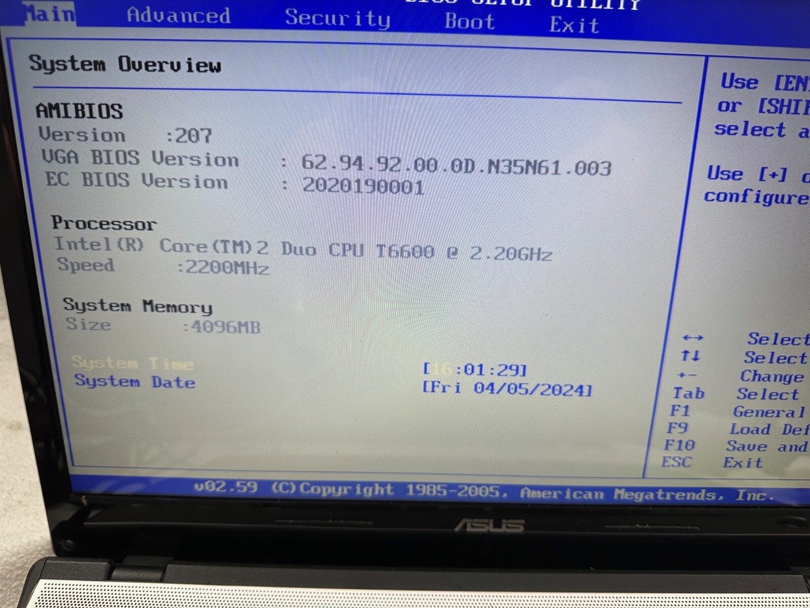 ASUS X64V NOTEBOOK LAPTOP, Intel T6600 2.20GHz, No HDD, 4GB RAM, Used
