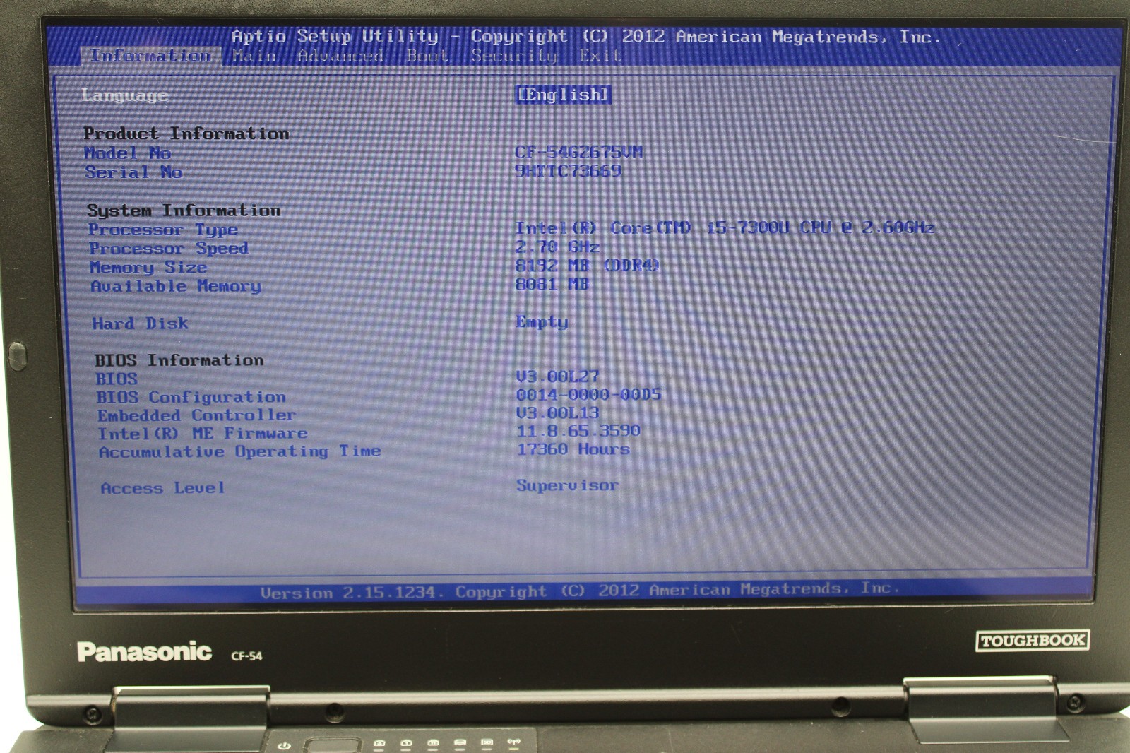 Panasonic ToughBook CF-54 MK3 _ i5-7300U _ 8GB DDR4 _ No SSD / OS