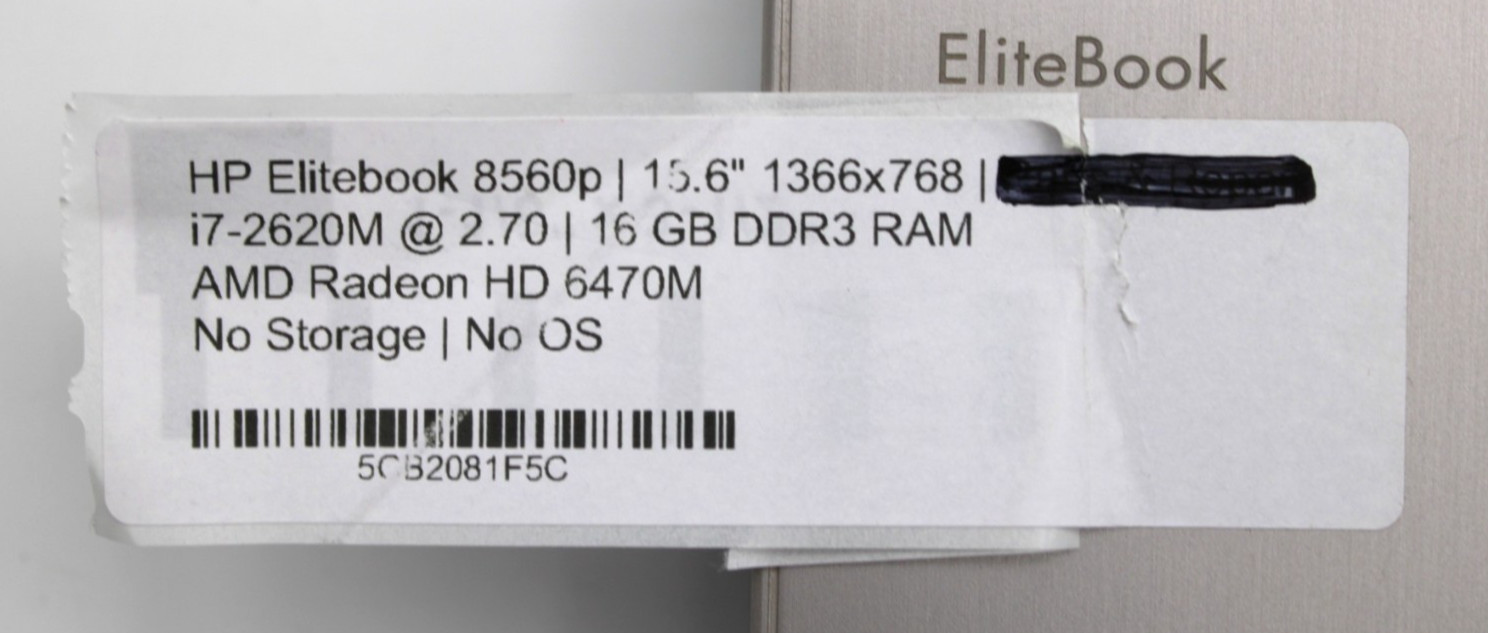 HP EliteBook 8560p i7-2620M@2.70GHz 16GB DDR3 NO STORAGE OR OS *USED/TESTED*