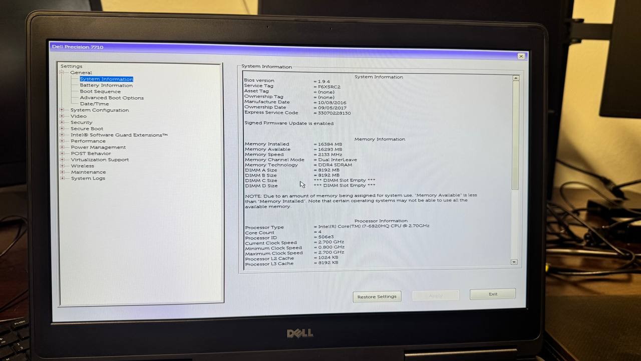 Dell Precision 7710 Intel i7-6820HQ 2.7GHz 16 RM 256ssd win 11 pro