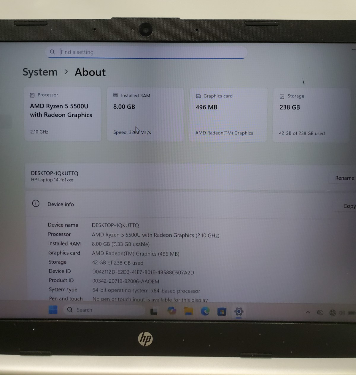 HP 14″ Laptop AMD Ryzen 5 5500U with Radeon Graphics 8GB RAM 256GB SSD Windows11