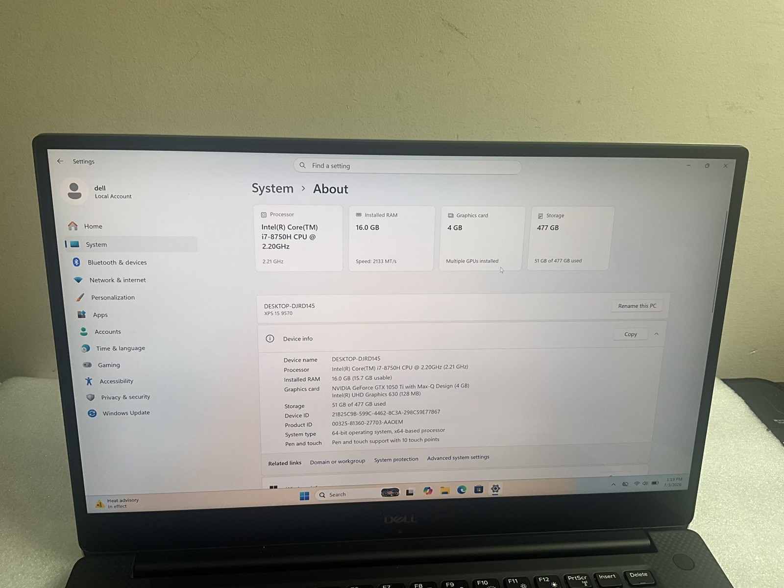 Dell XPS 15 9570 /TOUCH /i7-8750H CPU/16GB RAM/512GB SSD/GTX 1050TI/W11Home