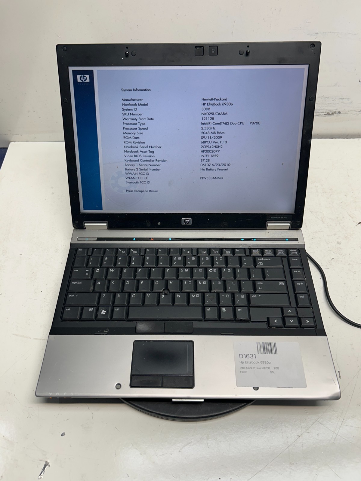 HP Elitebook 6930p Intel Core 2 Duo P8700 2GB NO HDD