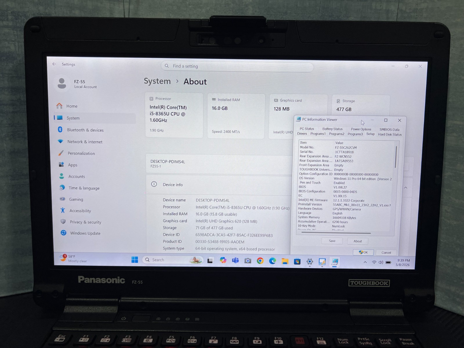 FZ-55C262CVM i5-8365U, 16GB,512GB SSD, Mem,VGA,HDMI, GPS, Touchscreen,Win11 25H2