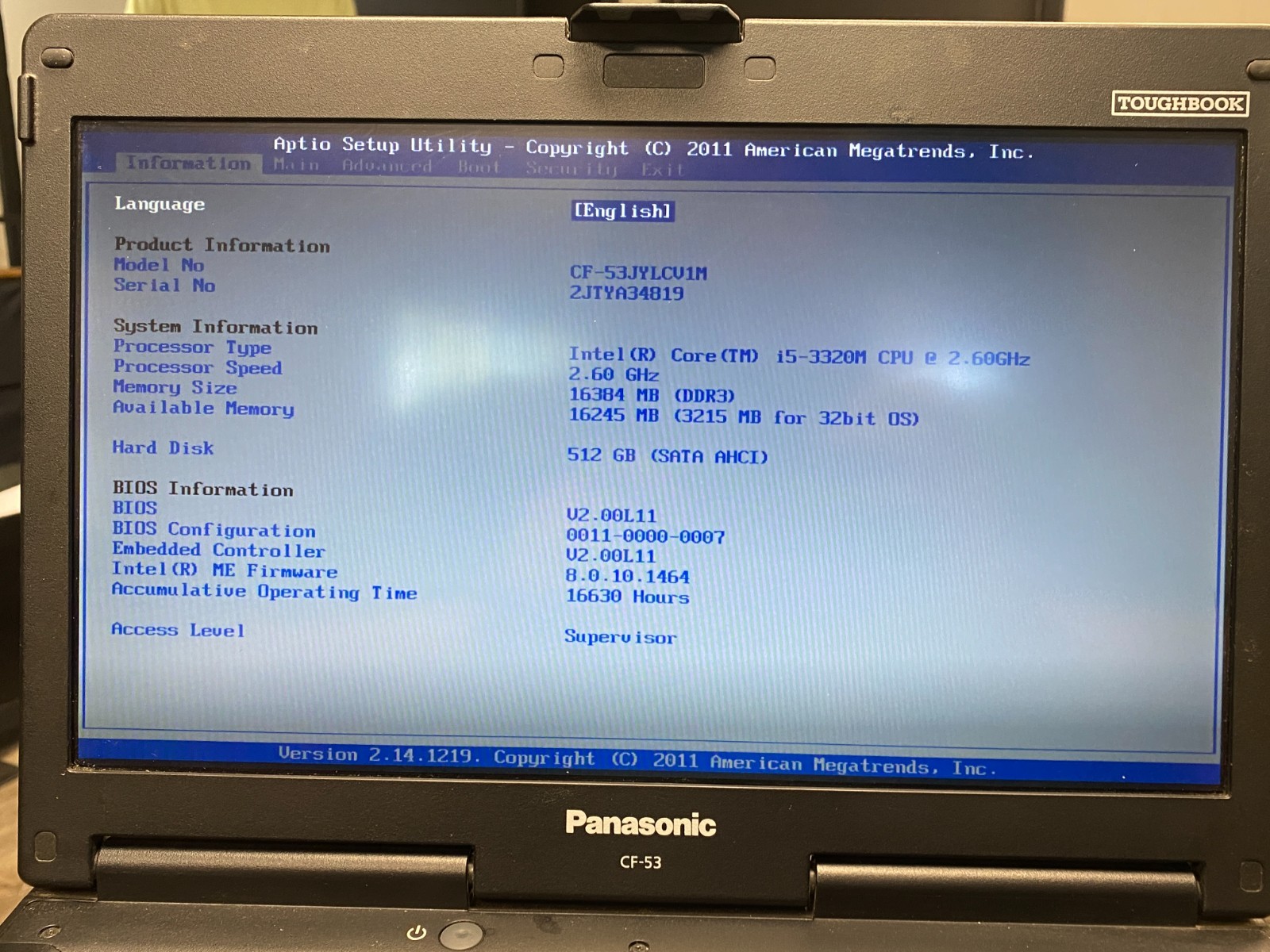 Panasonic Toughbook CF-53 MK2 i5-3320M 16GB DDR3 500GB SSD W11P 91% Battery
