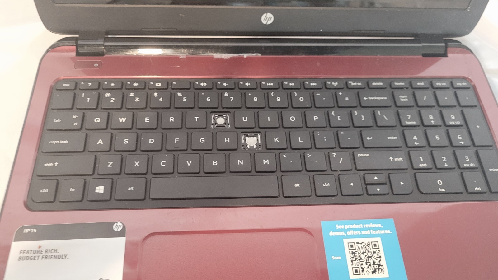 HP 15-f132wm 15.6″ Laptop Intel Windows Reset No Battery Missing Keys