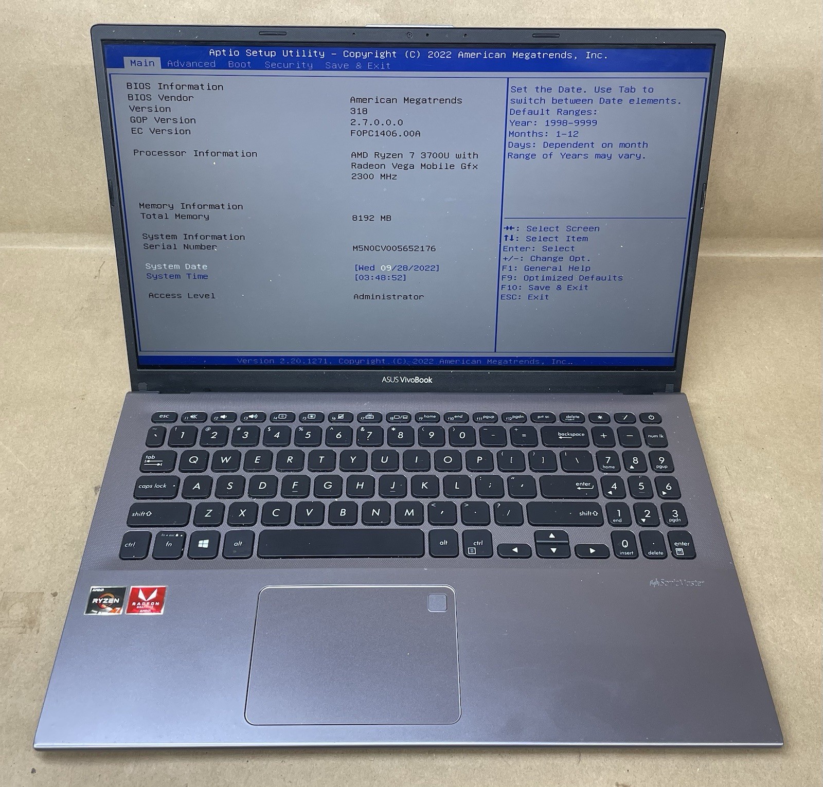 Asus VivoBook 15 F512D AMD Ryzen 7 5700U 4GB RAM NO SSD/HDD/OS