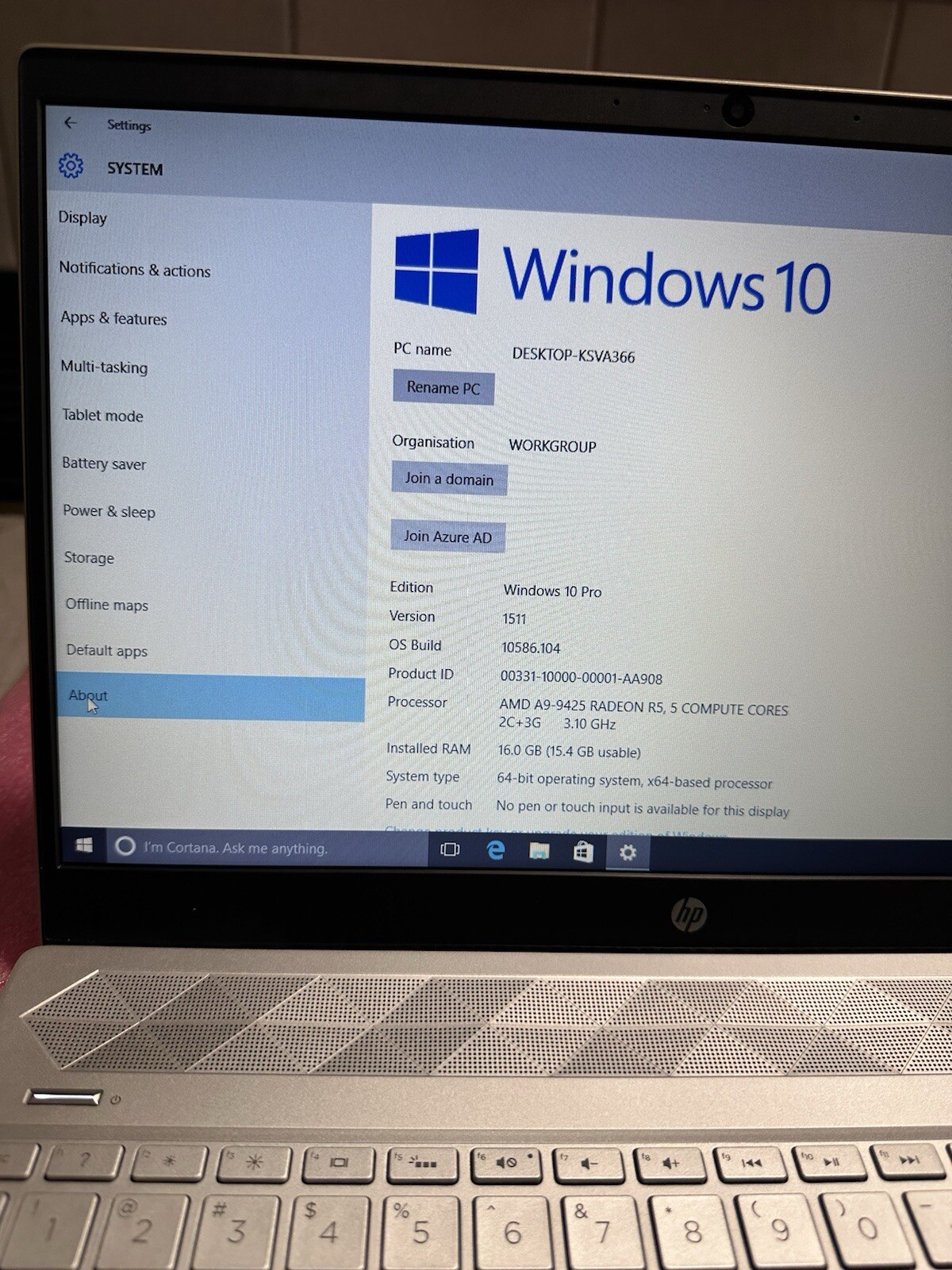 HP G7BSKU1#ABA Laptop 15.6″ AMD A9-9425 Radeon R5 3.1GHz 16GB 256SSD Win10