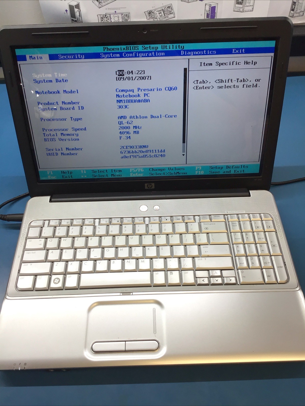 HP G60-120US AMD Athlon Dual-Core, 2x2GB DDR2, No HDD No OS *READ*