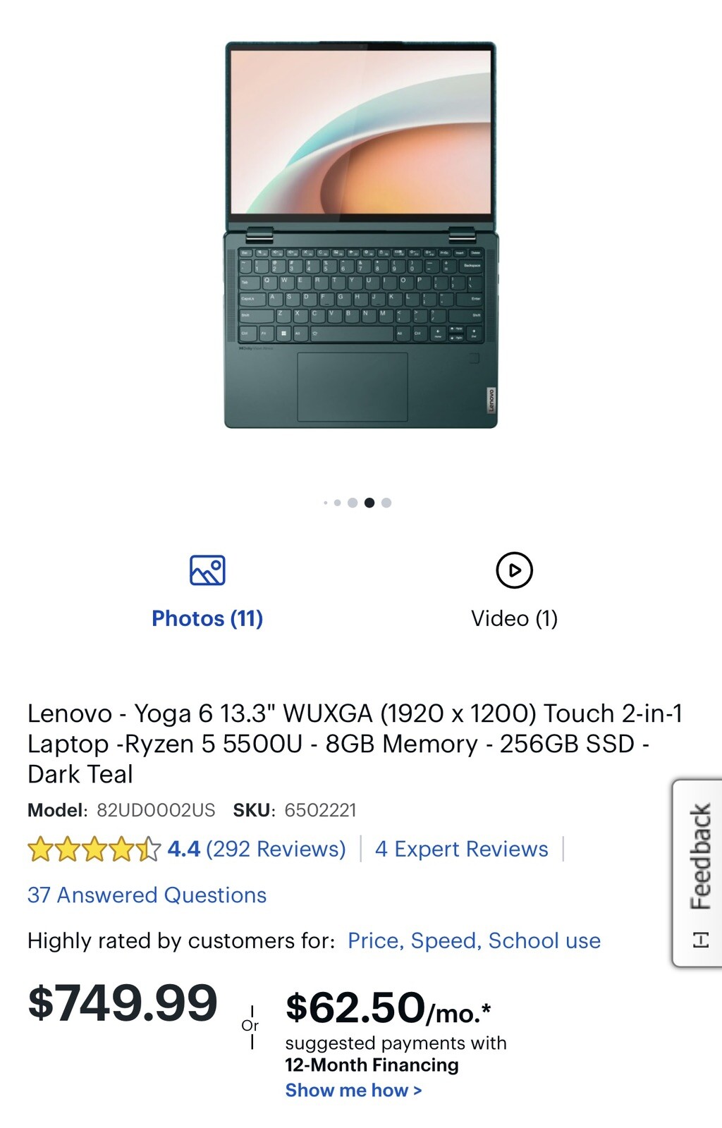 Lenovo Yoga 6 13ALC7 13.3″ (256GB SSD, AMD Ryzen 5 5000 Series, 4.0 GHz, 8GB)…