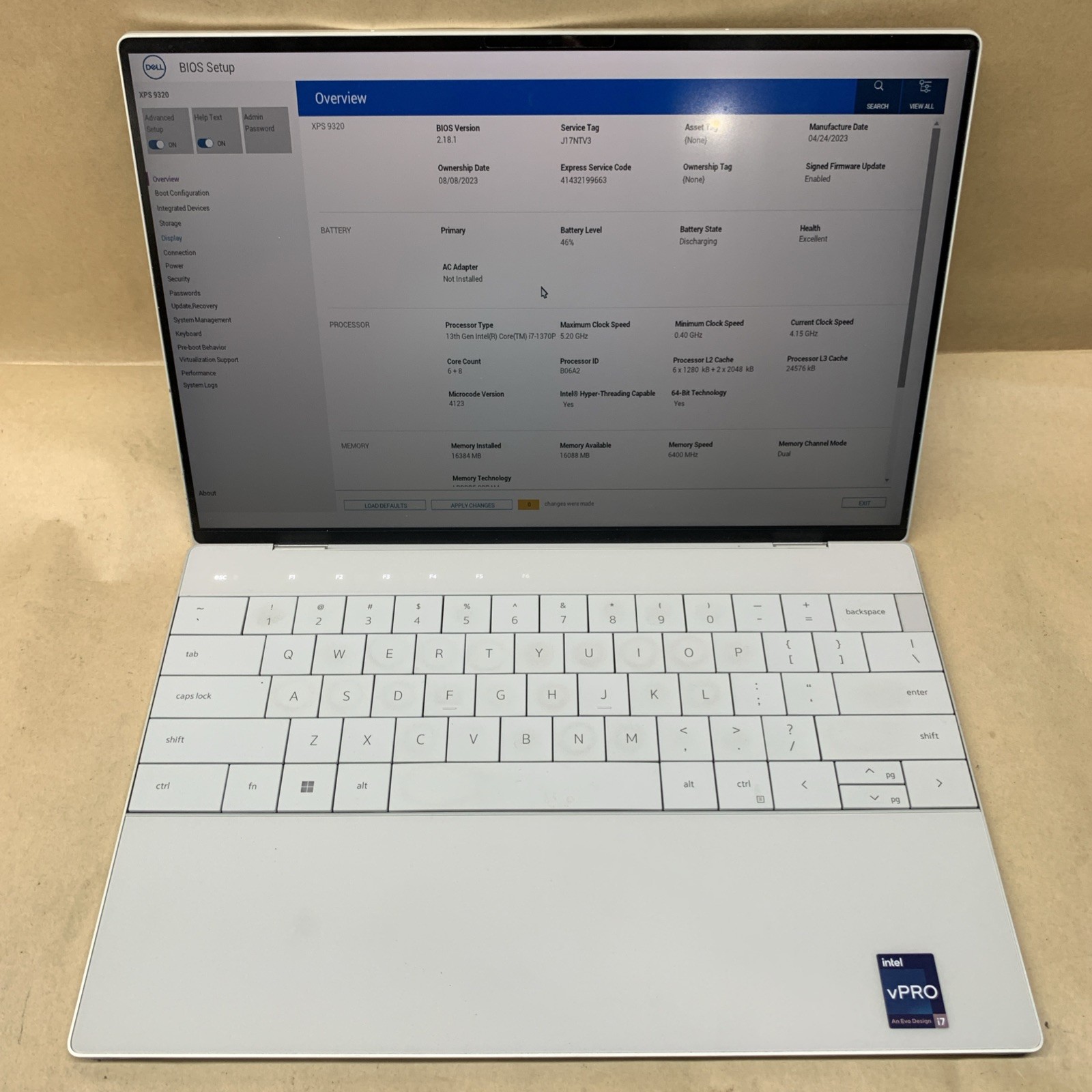 Dell XPS 9320, Intel Core i7-1370P @ 1.90GHz, 16GB RAM, No SSD/OS, No Charger