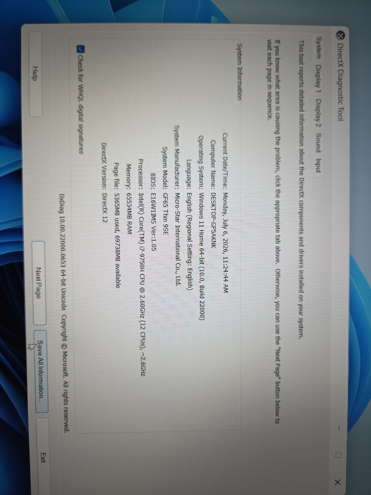 MSI GF65 THIN 9SE i7-9750H / 64GB, 1TB. PART OR REPAIR